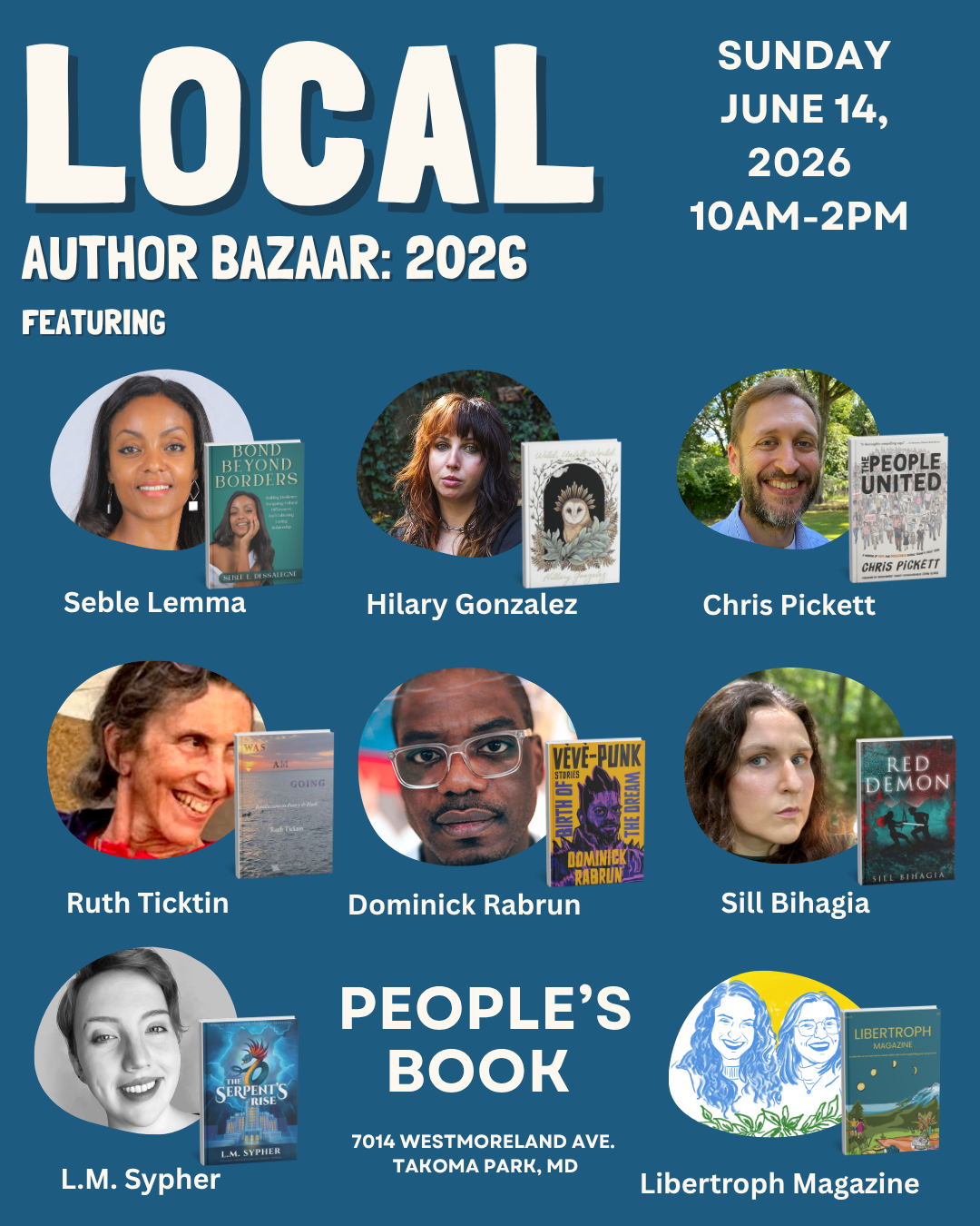 Local Author Bazaar 2026 flyer featuring Dominick Rabrun and other indie authors, Sunday June 14 10AM-2PM at People's Book in Takoma Park Maryland