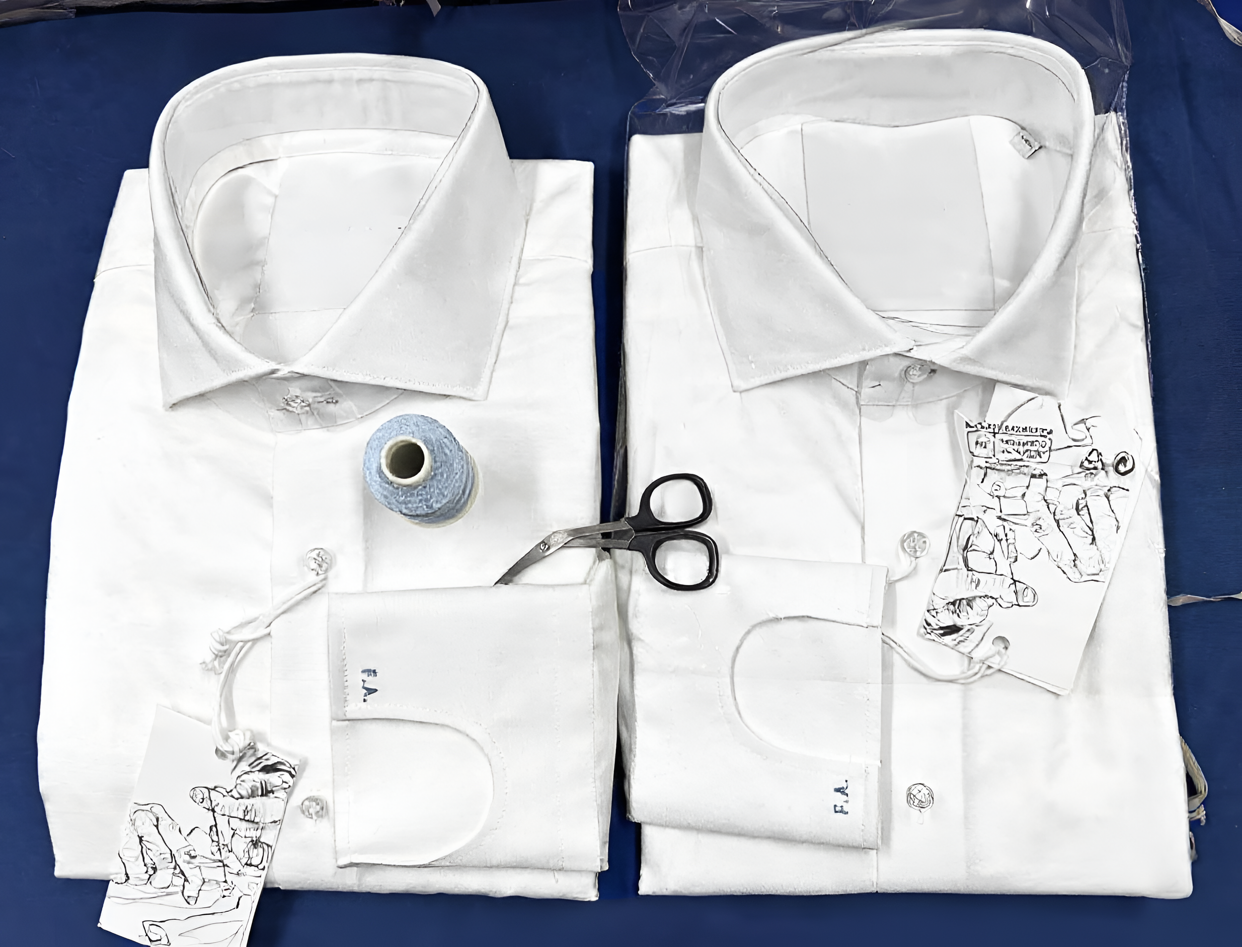 Two white dress shirts with tags and labels, a pair of scissors, a spool of light blue thread, and sewing pins on a blue surface.