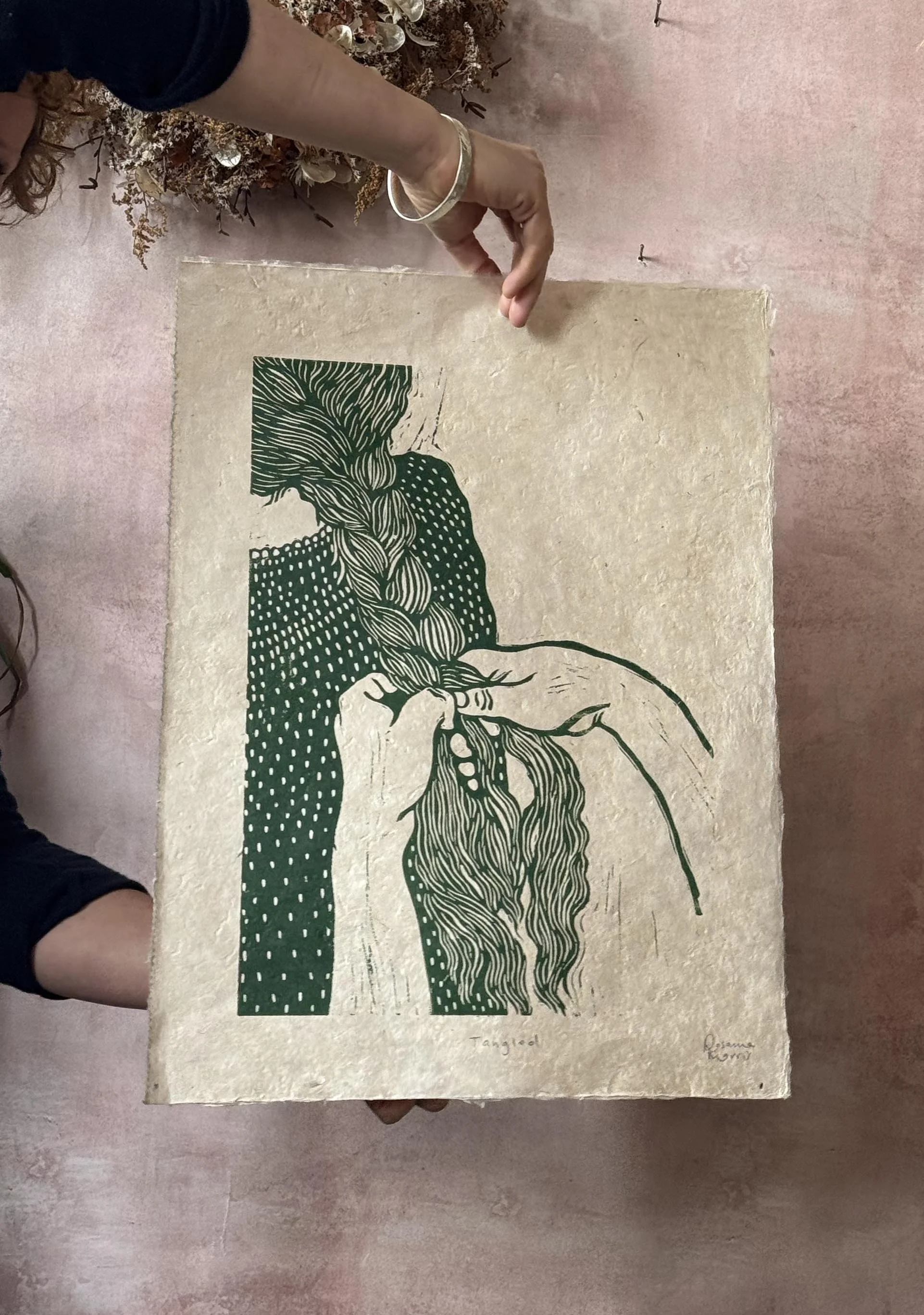Tangled - green - Linocut Print