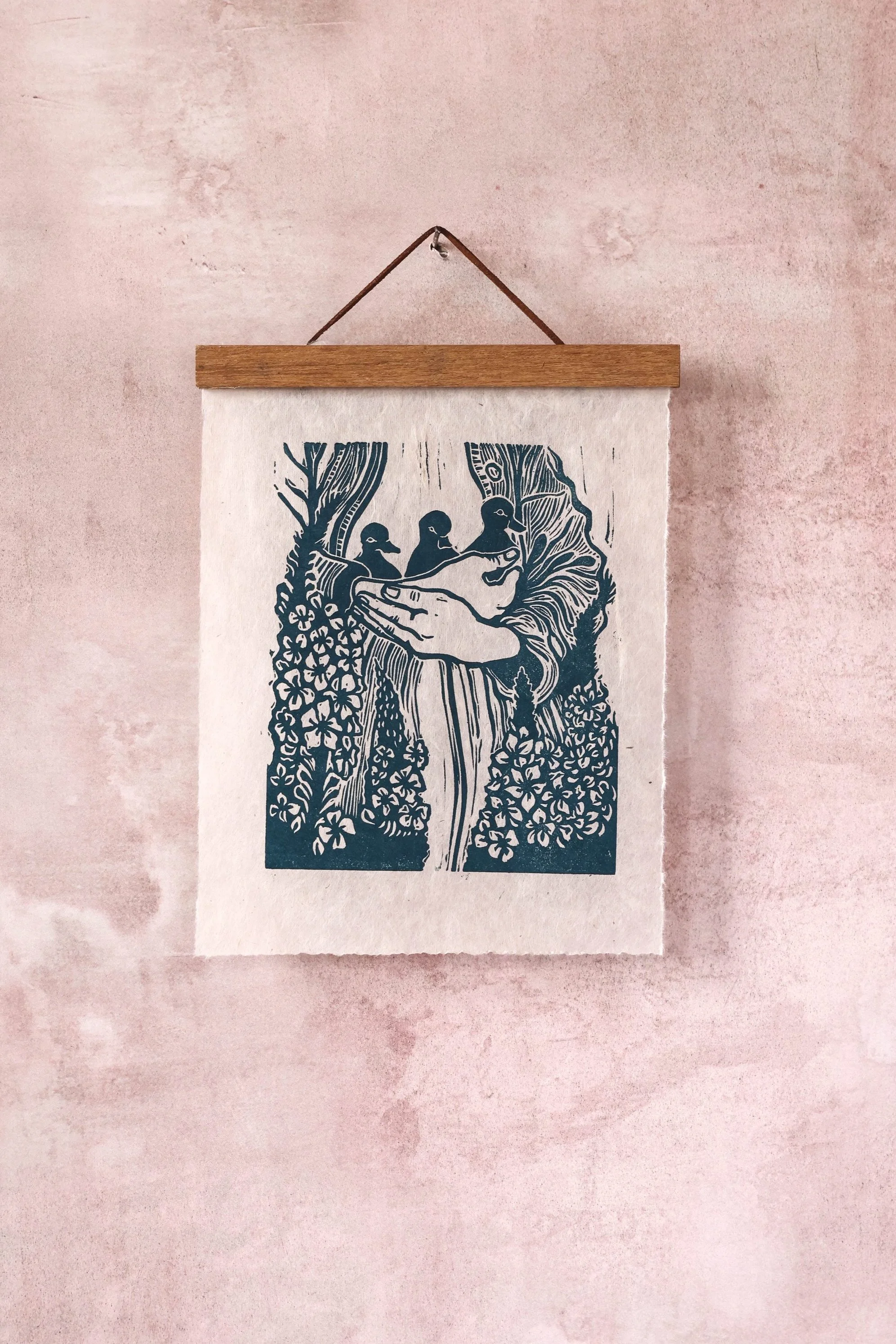 Daphnis Ducklings - Teal - Linocut Print