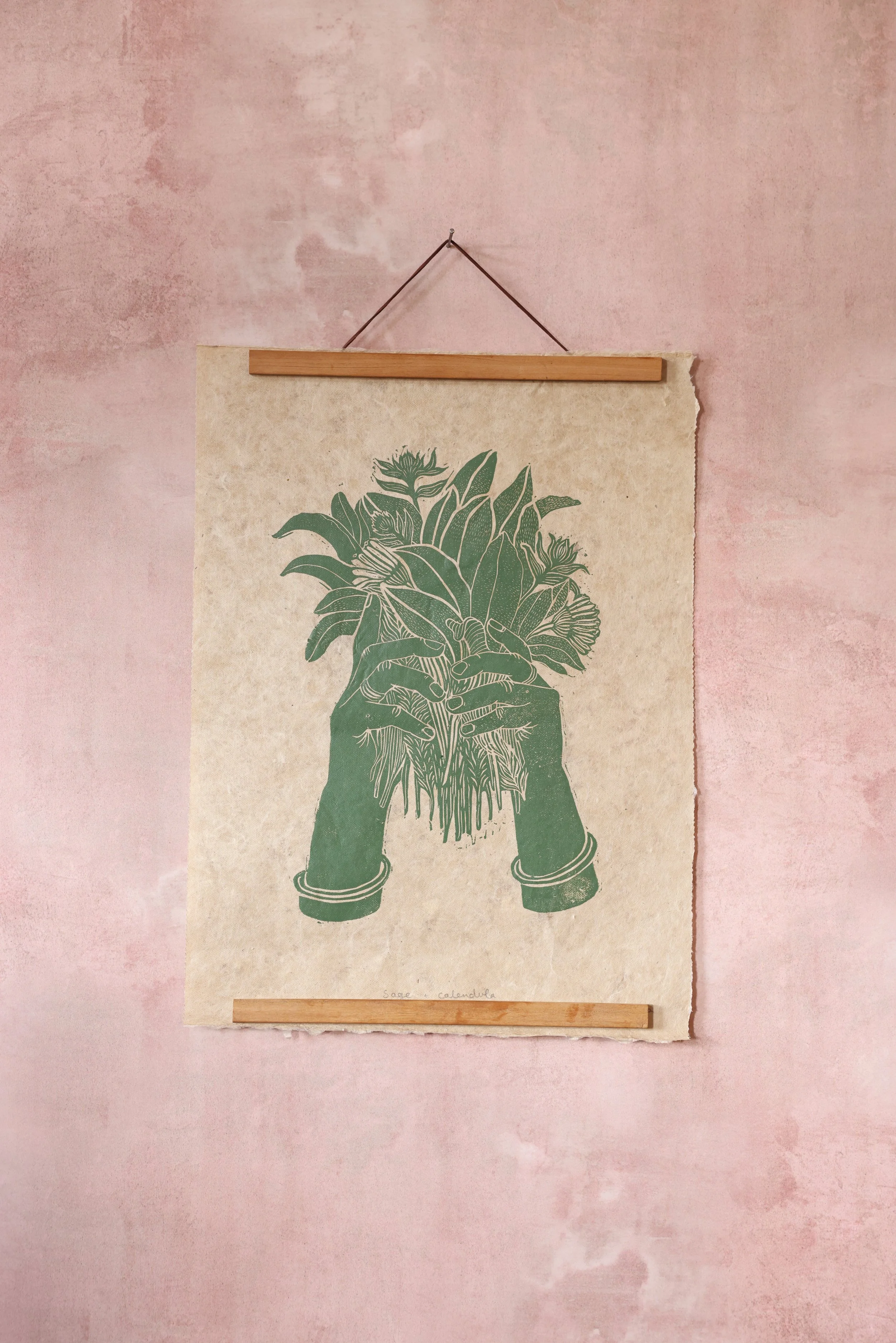 Sage and Calendula - Green- Linocut Print