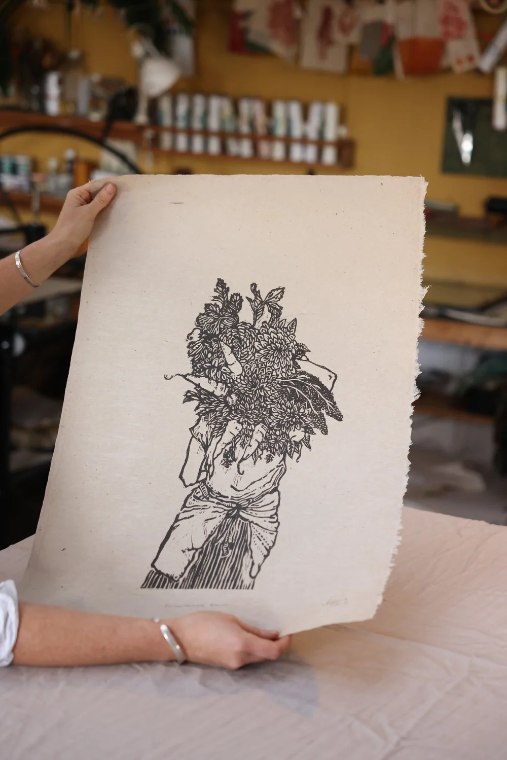 Flower Harvest - brown ink - Woodcut Print — ROSANNA MORRIS