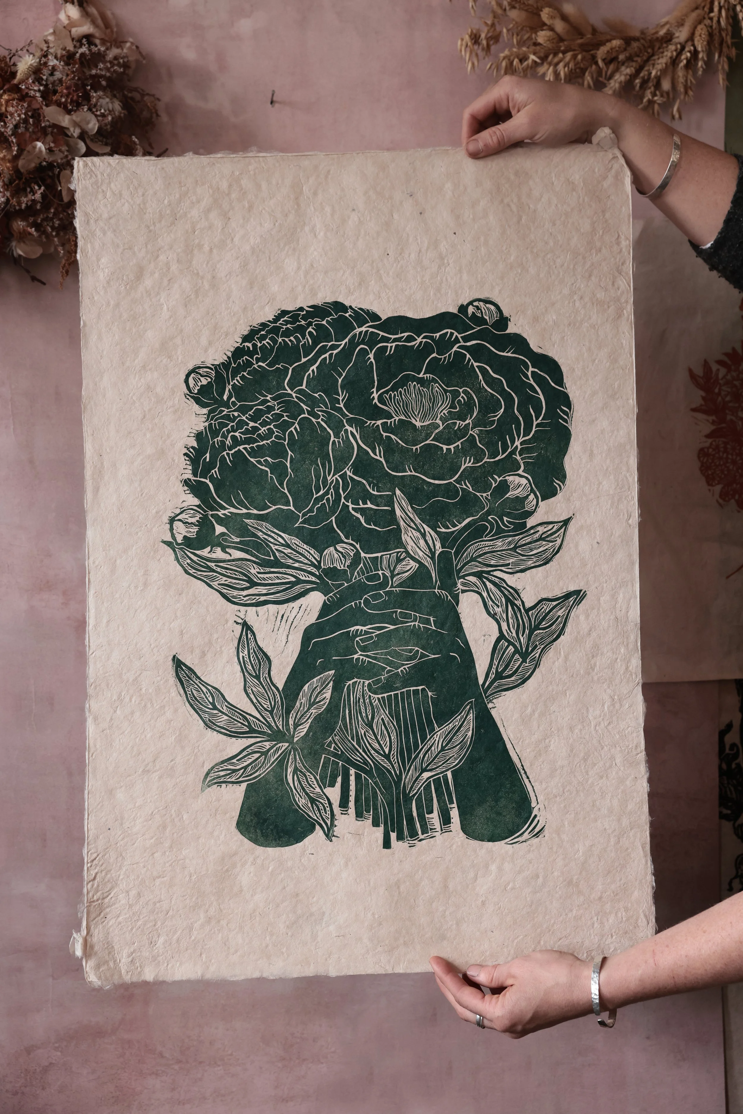 More Peonies - Teal - Linocut Print