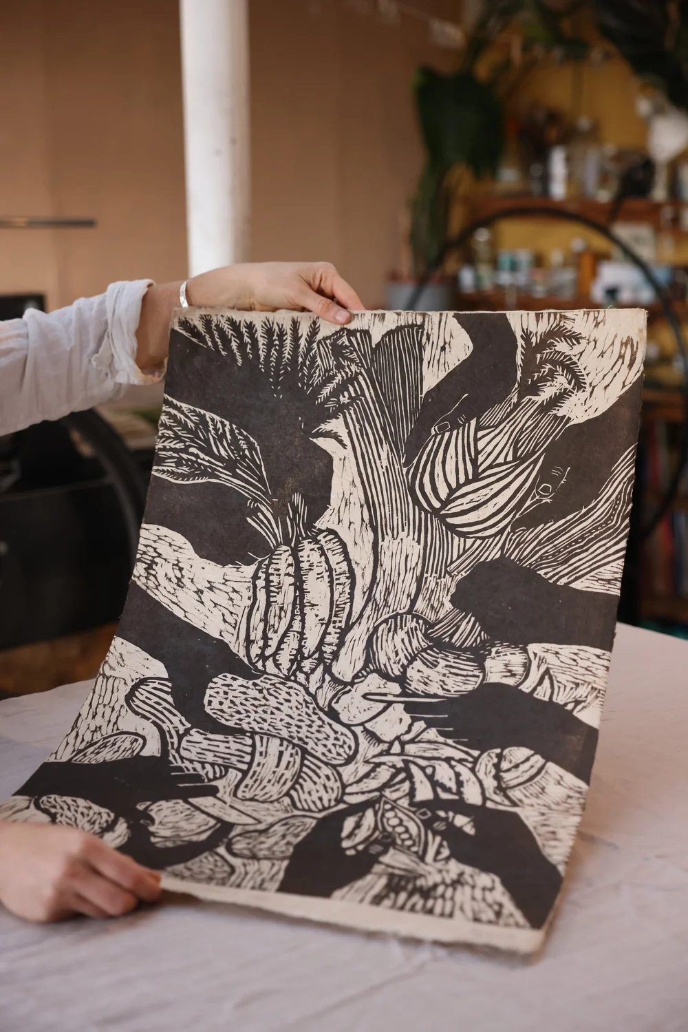 Shared Harvest - Dark brown - Woodcut Print — ROSANNA MORRIS