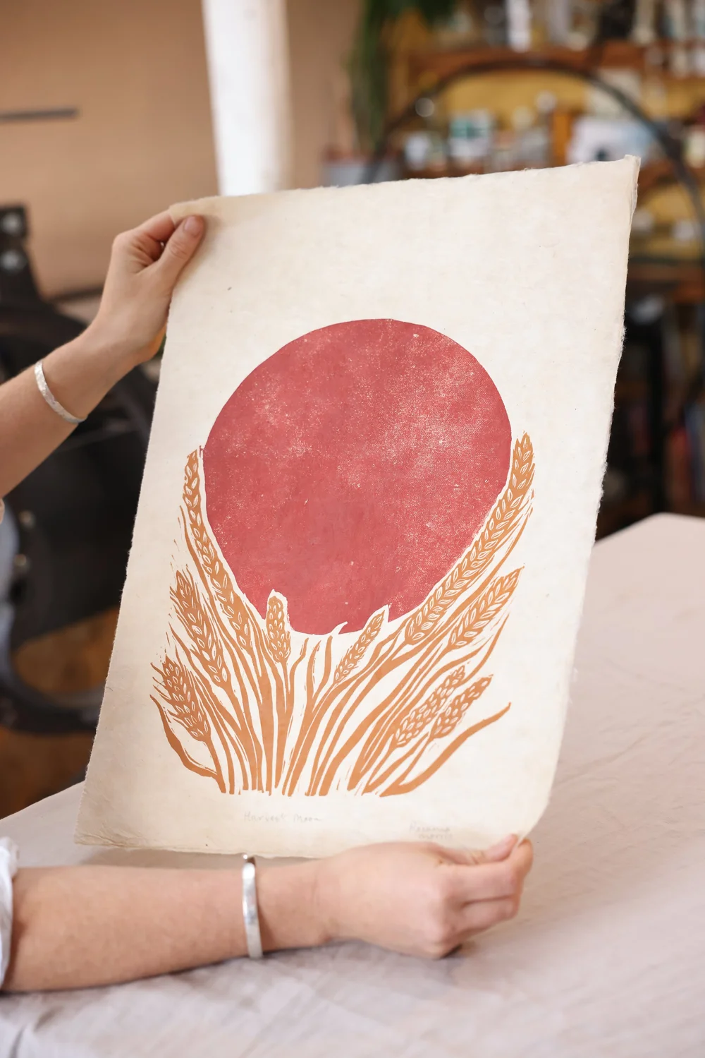 Red Moon - Ochre wheat - Linocut Print — ROSANNA MORRIS
