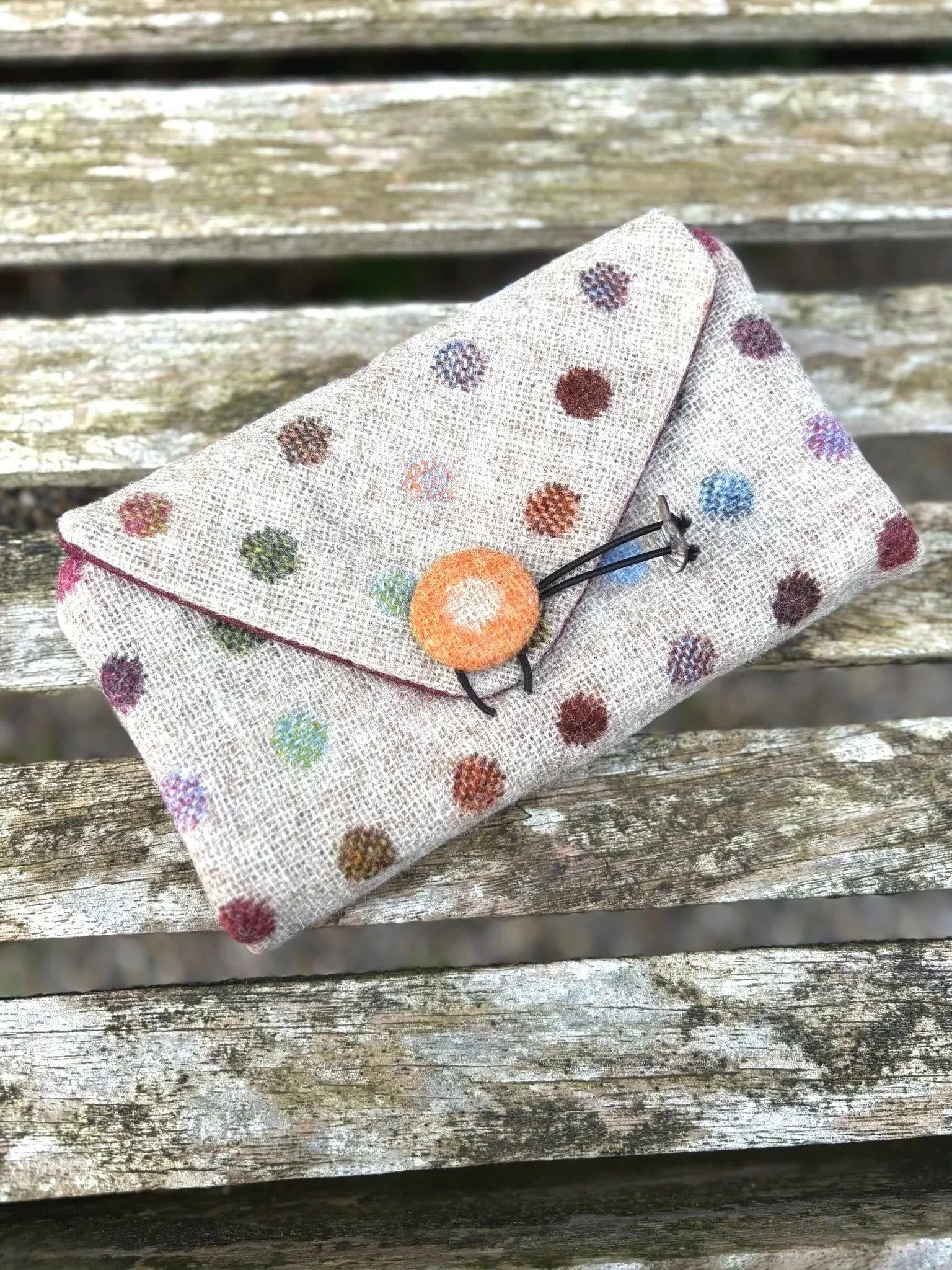 Handmade spotty Hinnigan tweed clutch bag and purse, crafted in Scotland by Julia Cunningham