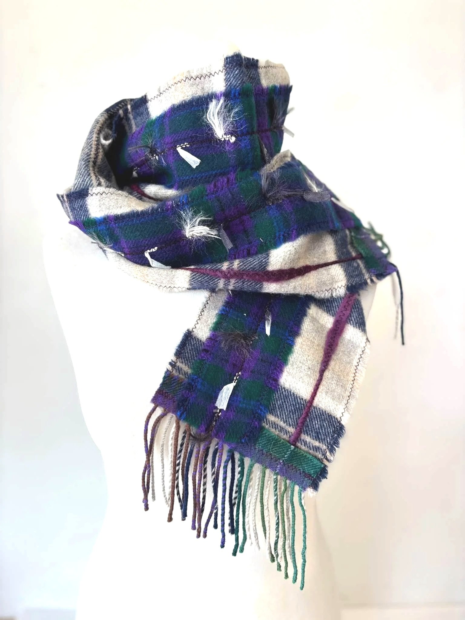 handmade wool scarf in grey and purple with added texture and fringe detail