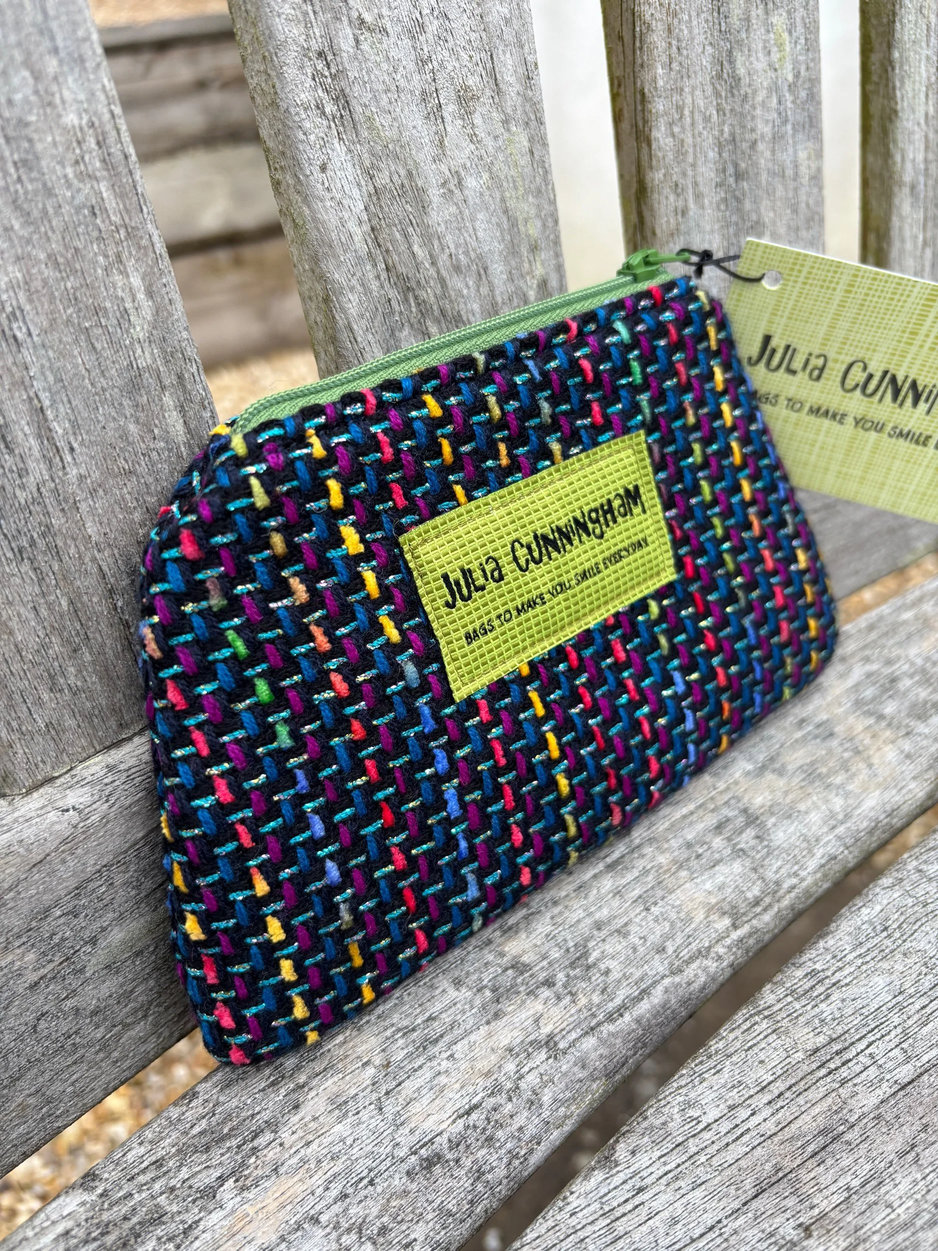 Handmade colourful tweed pouch with zip closure – front view