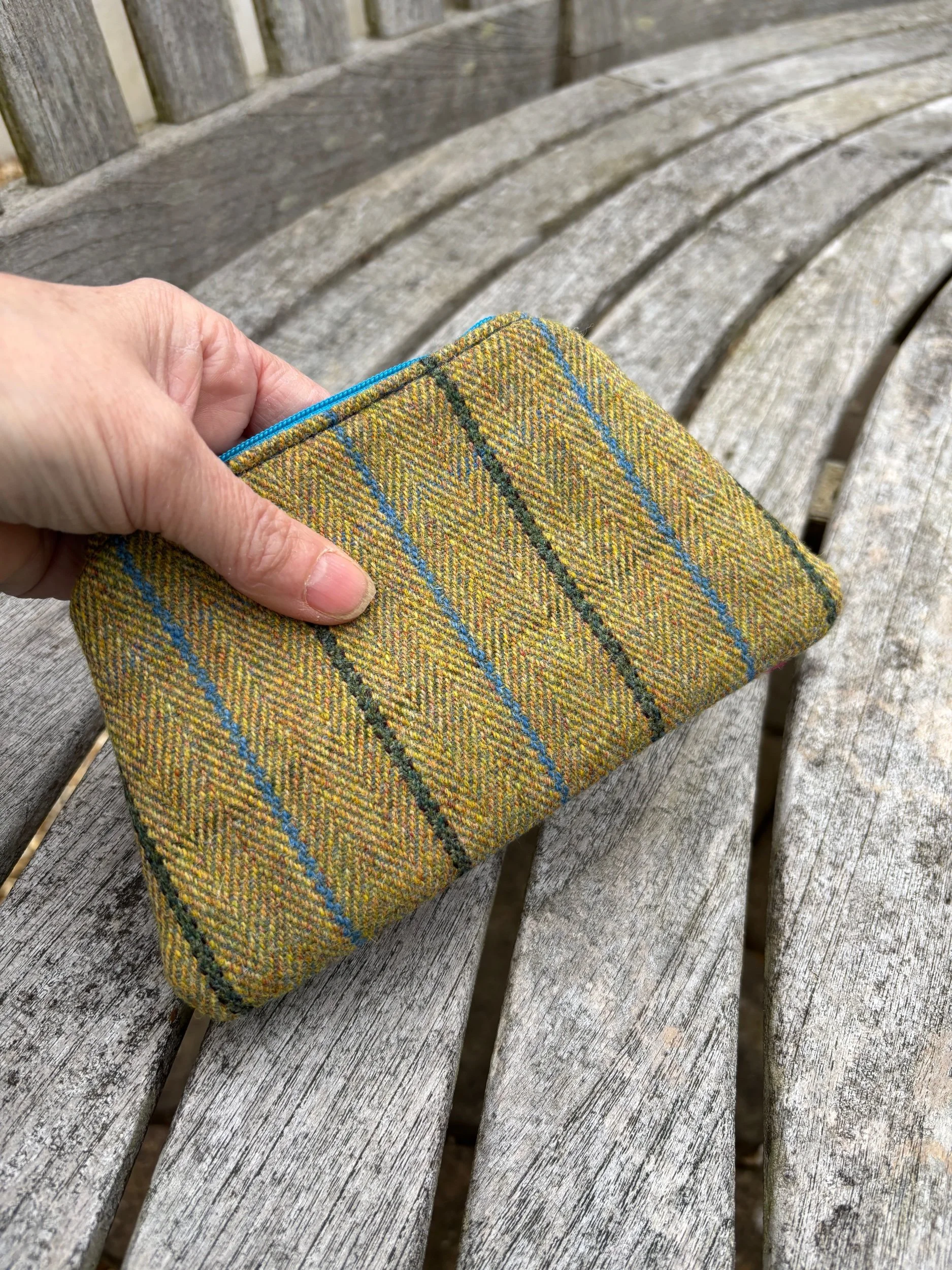 Back view of handmade striped Scottish tweed lavender pouch