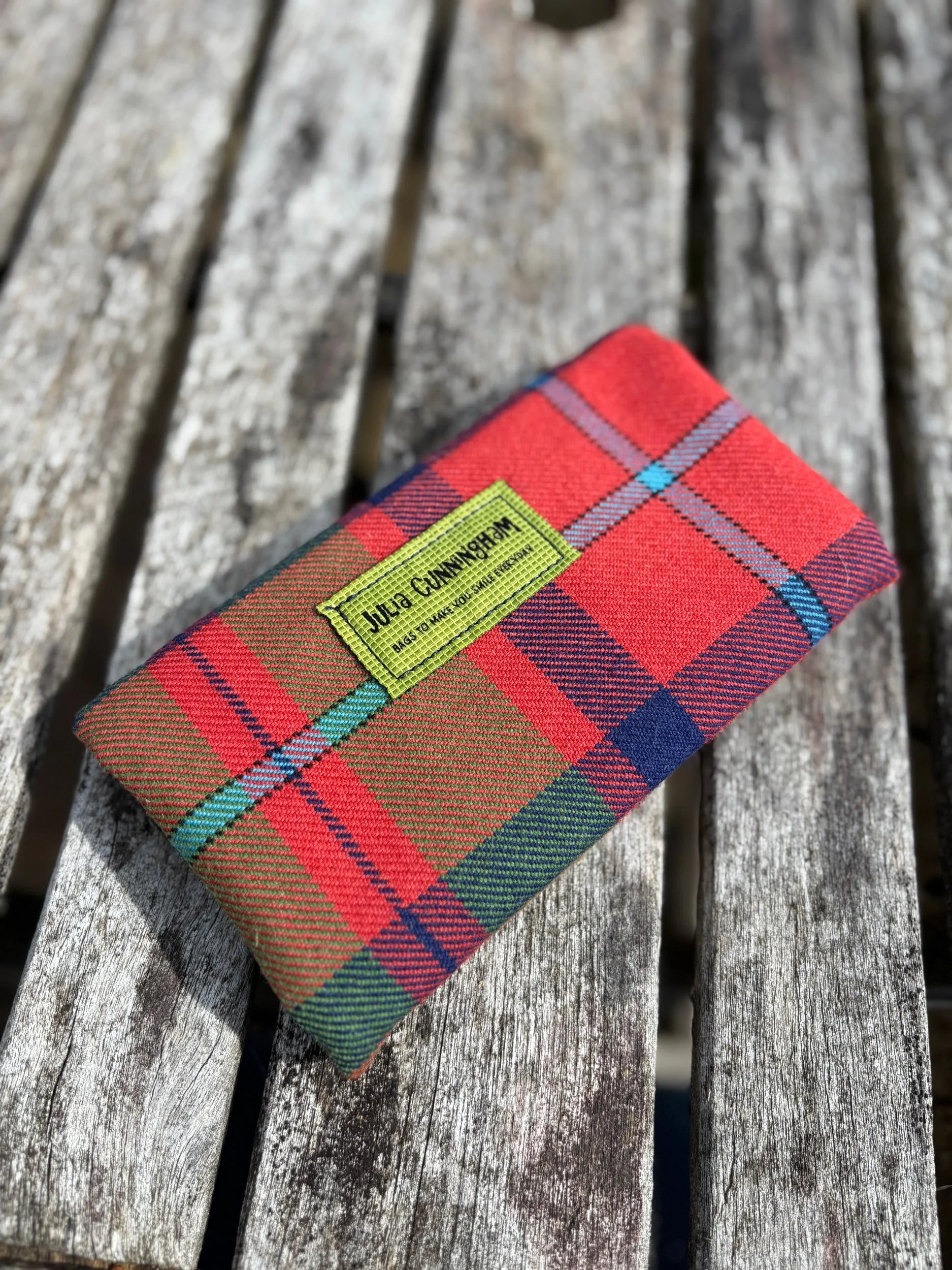 Back view of handmade Scottish tartan clutch bag in Shaw of Tordarroch fabric