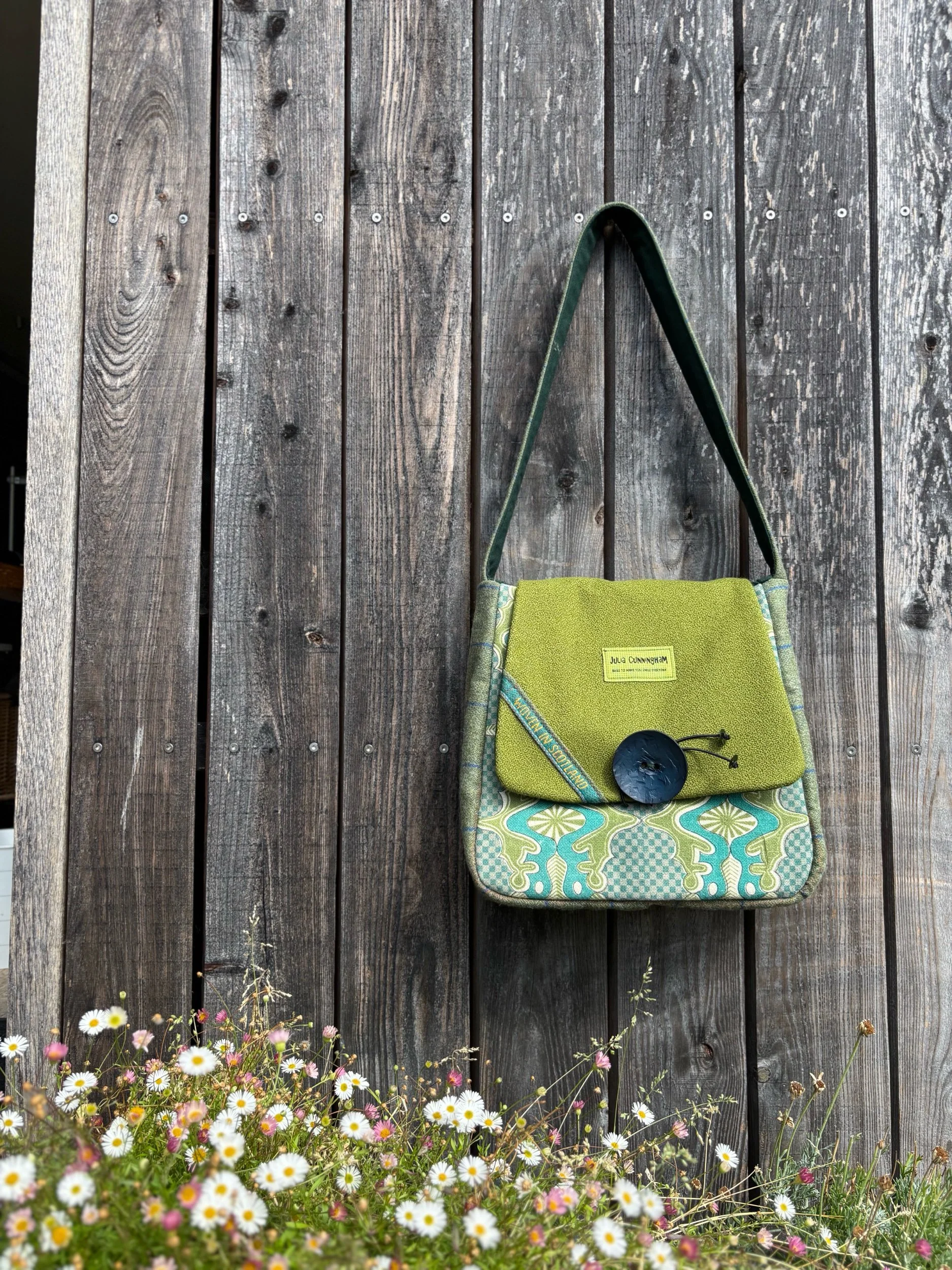 Green tweed shoulder bag lifestyle view by Julia Cunningham