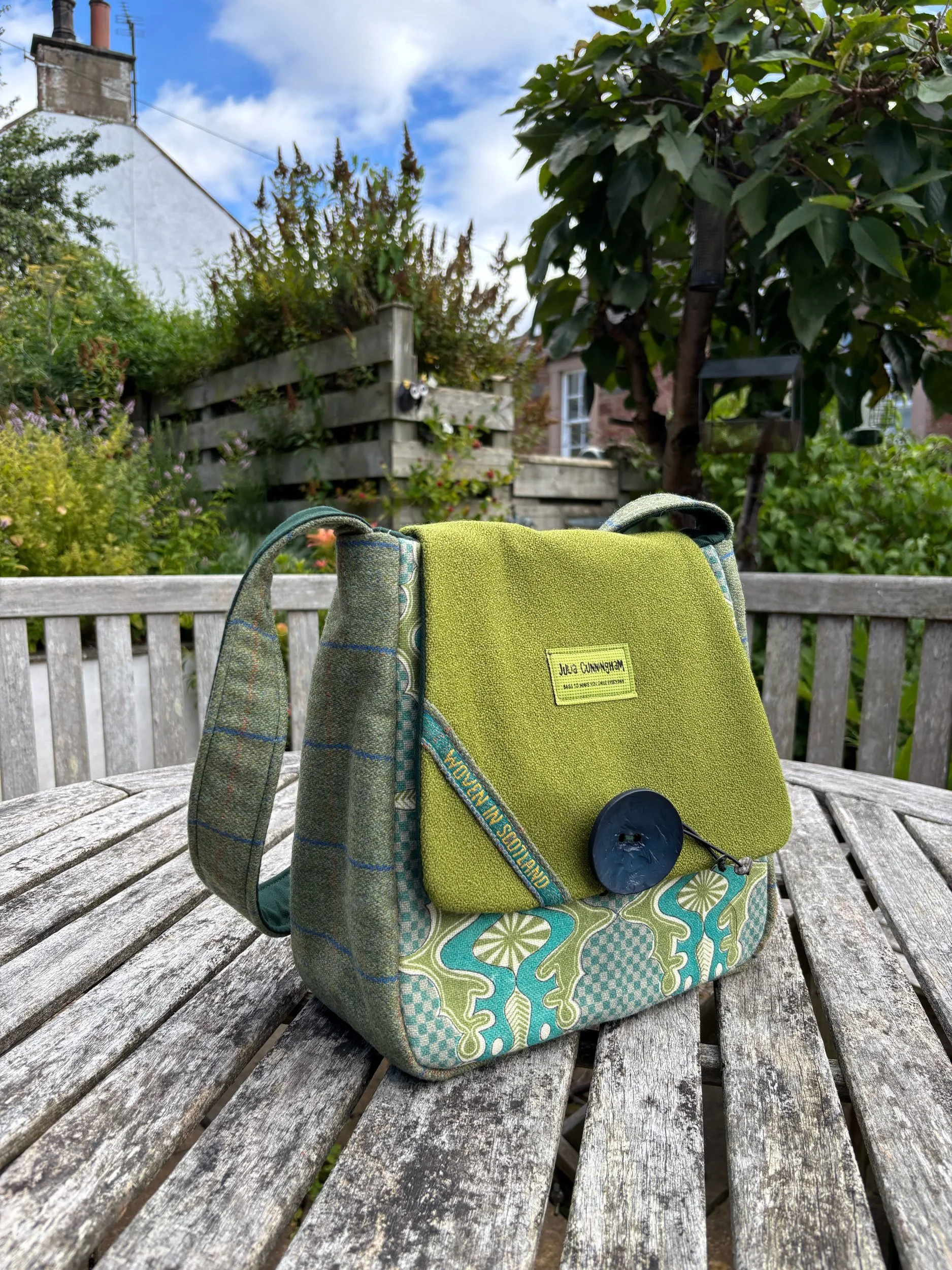 Julia Cunningham Green tweed shoulder bag with vintage front panel