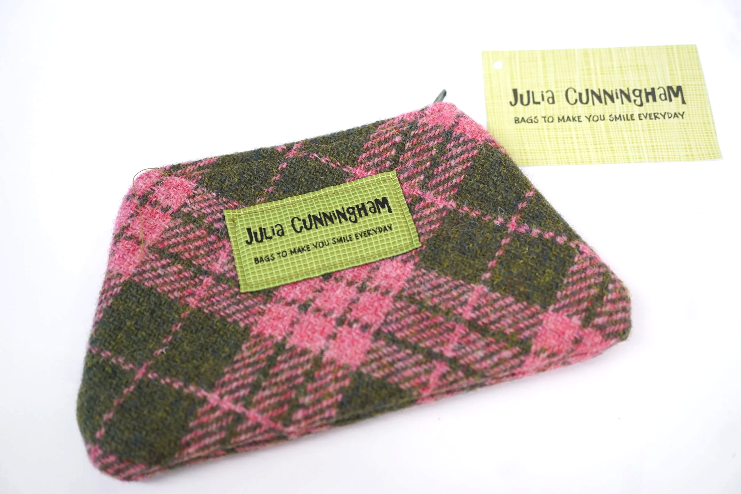 Pink tweed lavender-filled purse showing contents, handmade in Scotland by Julia Cunningham