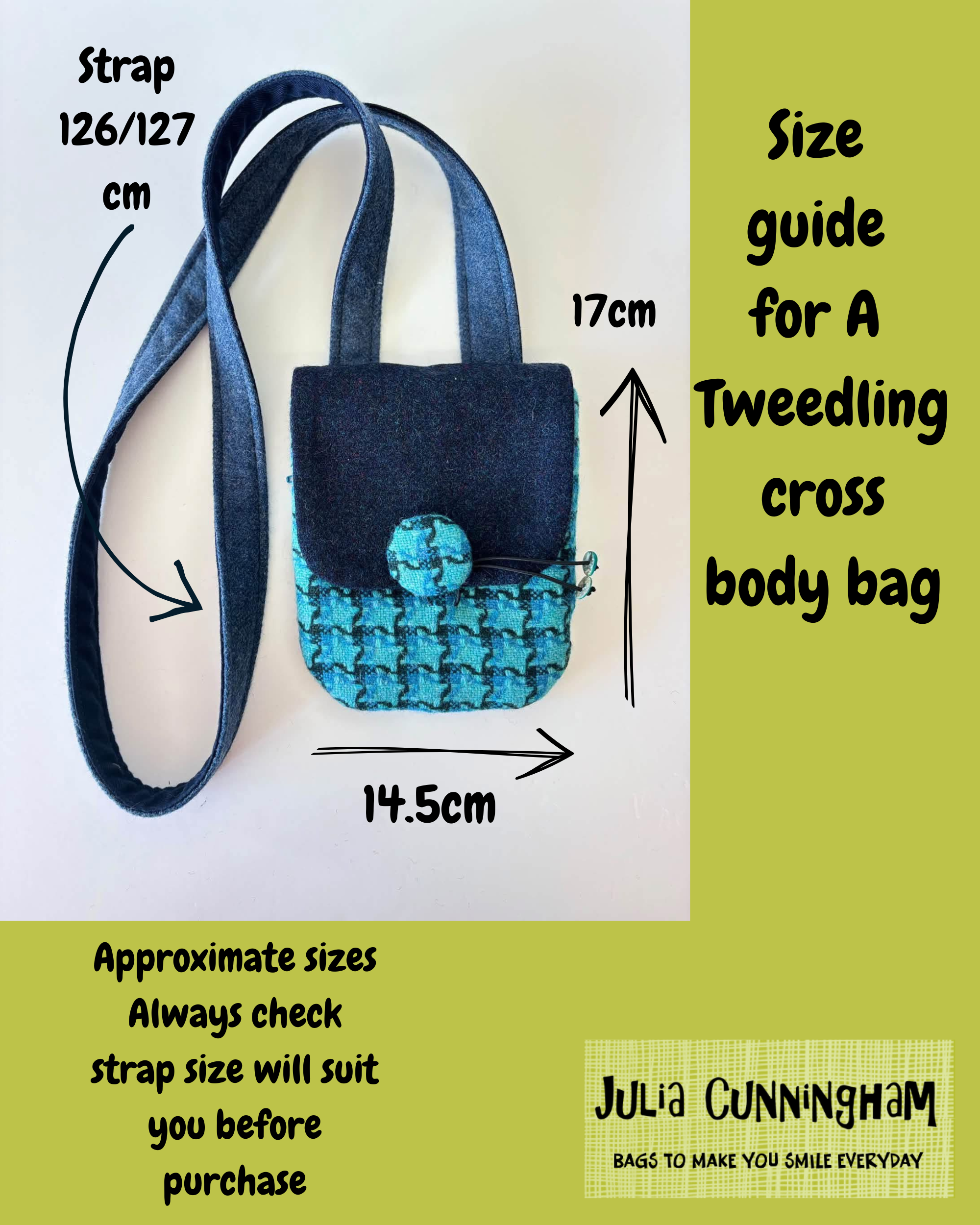 Size Guide for the Tweedling Crossbody bag handmade by Julia Cunningham