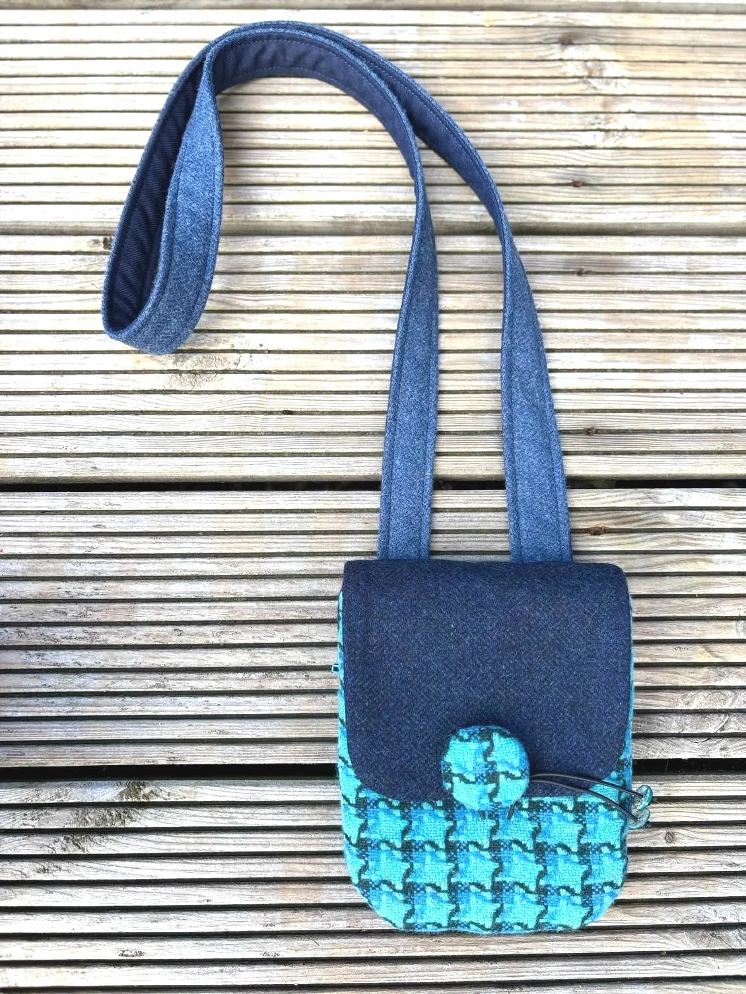 handmade blue cross body phone bag outside for true colours