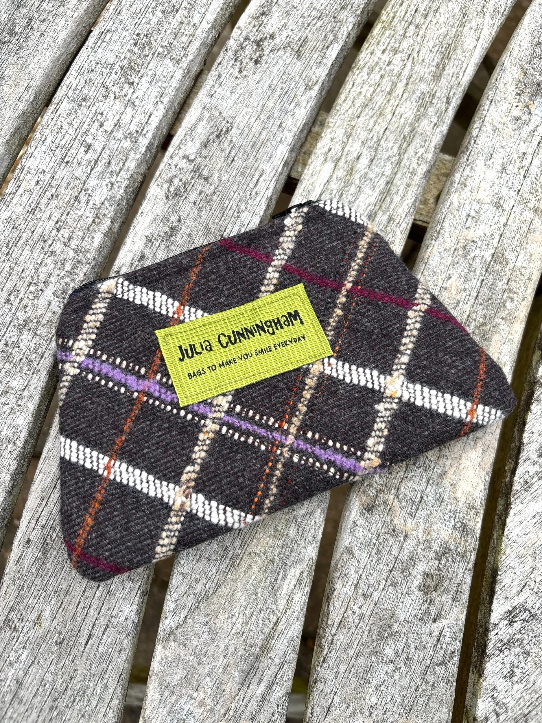 Front view of handmade Scottish lavender purse crafted in vintage Hinnigan tweed by Julia Cunningham.
