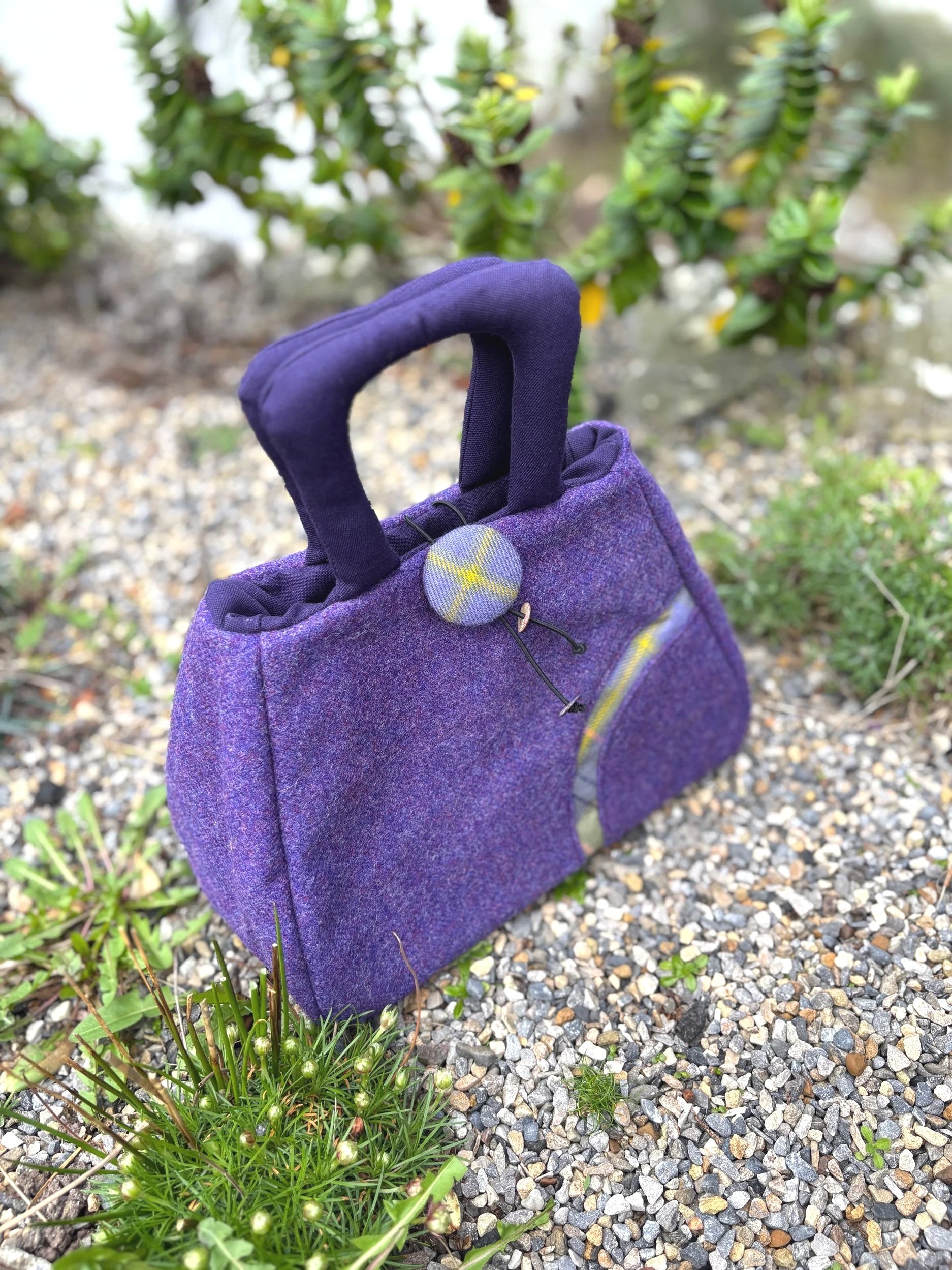 Handmade Muckle Fantoosh handbag in purple Marton Mills tweed with Taylor Ancient tartan panel, crafted in Scotland by Julia Cunningham