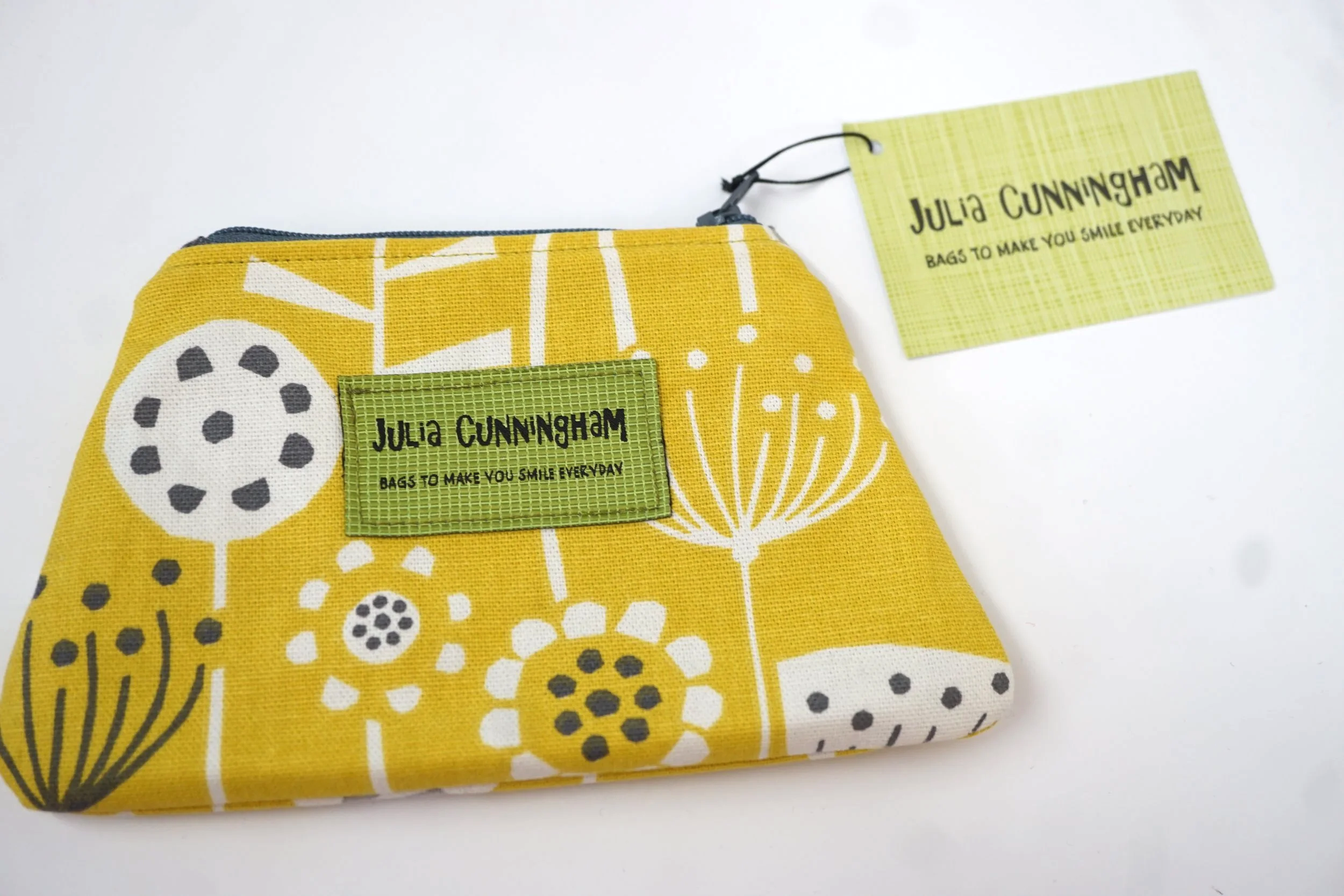 Handmade floral mustard yellow cotton purse, made in Scotland by Julia Cunningham