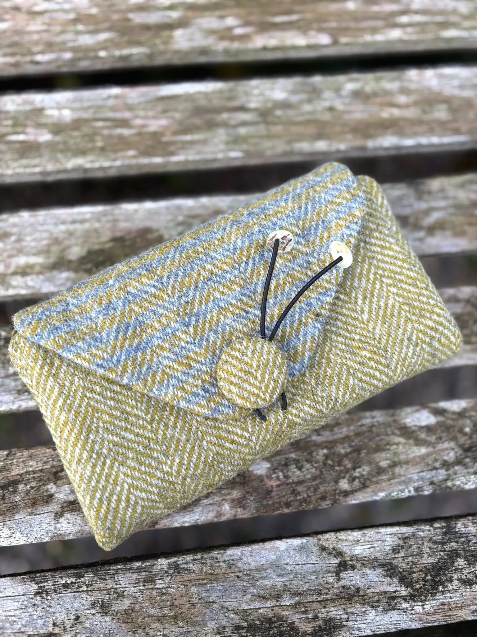 Harris Tweed olive green and grey tweed clutch bag and purse, crafted in Scotland by Julia Cunningham