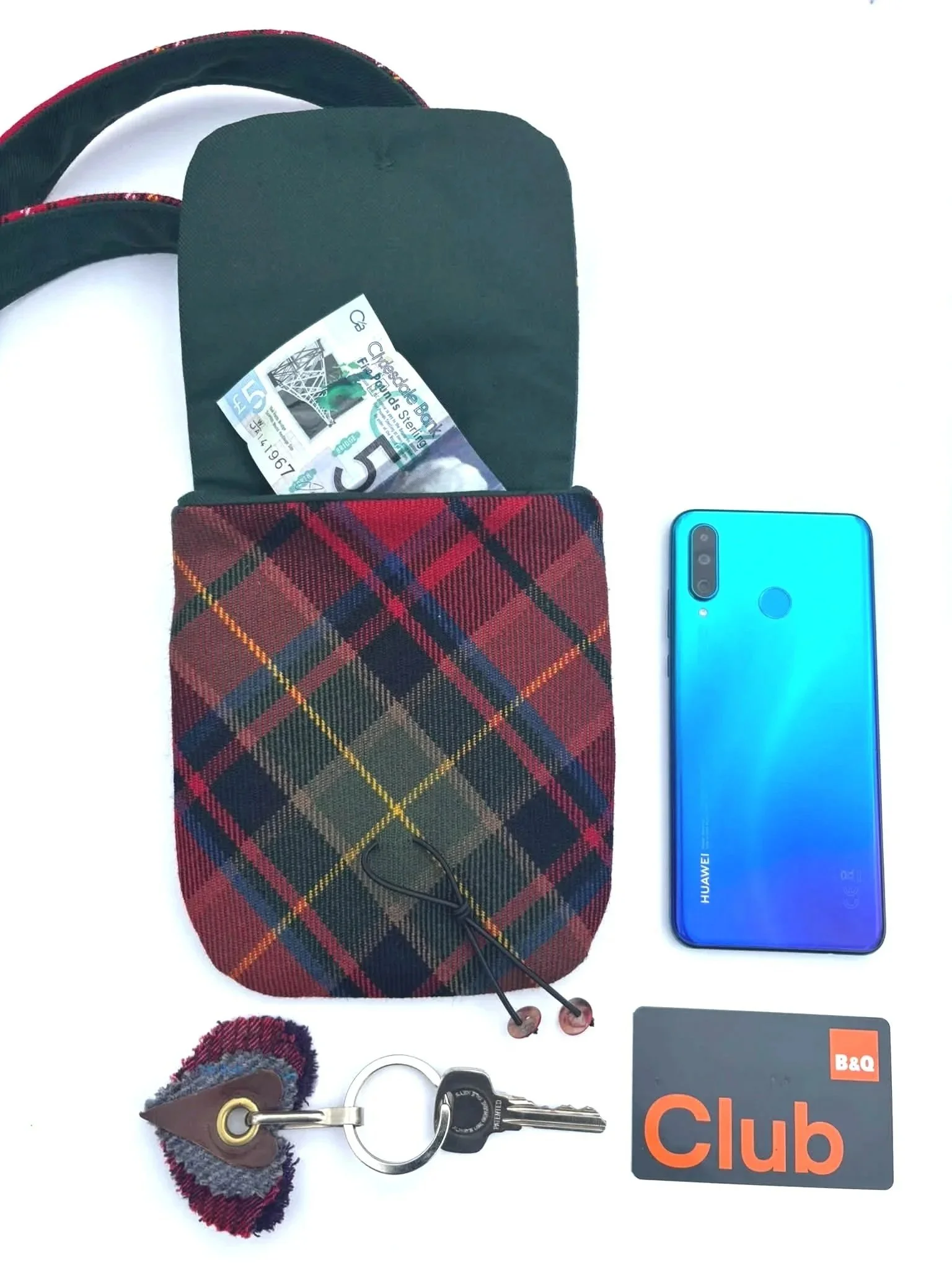 tartan phone crossbody bag images of what will fit inside
