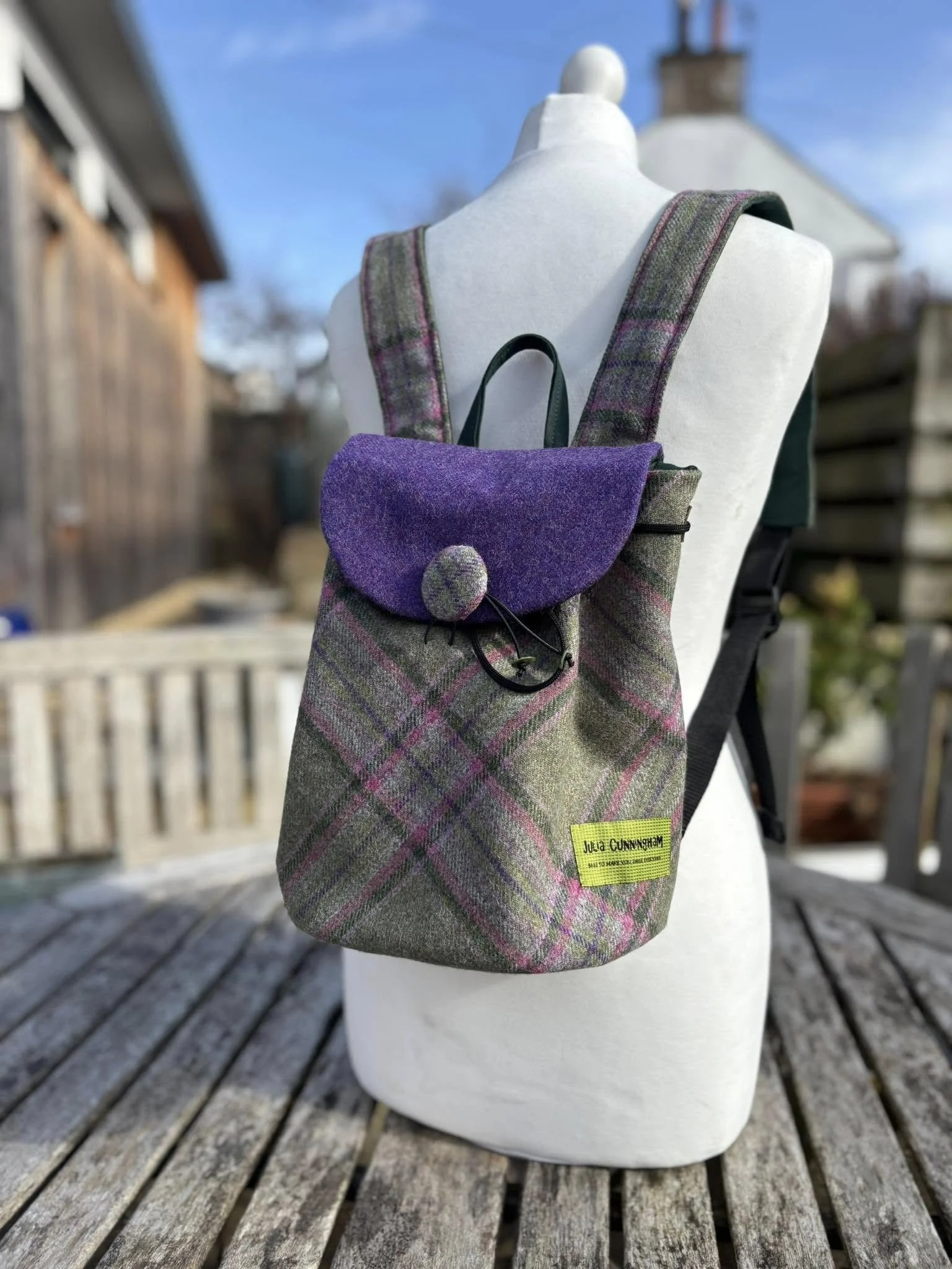 handmade tweed rucksack in purple and green