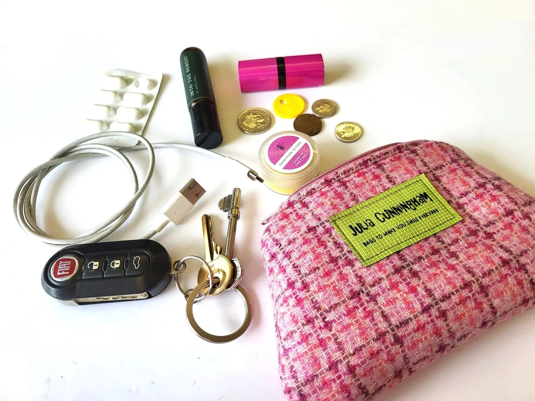 _Pink tweed lavender-filled purse showing contents, handmade in Scotland by Julia Cunningham
