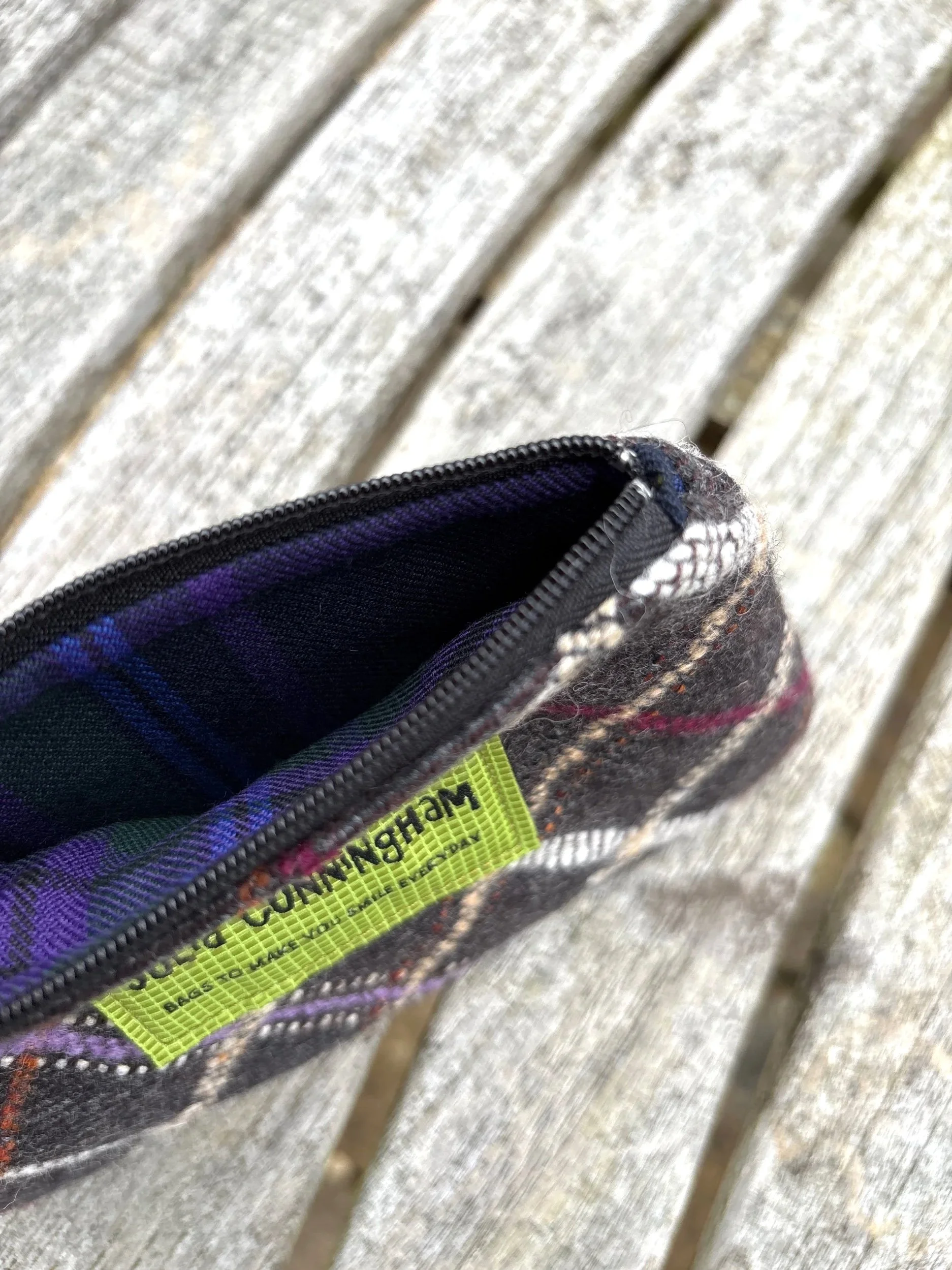 Interior view of the handmade Scottish lavender purse showing the soft lining and Yorkshire lavender filling.
