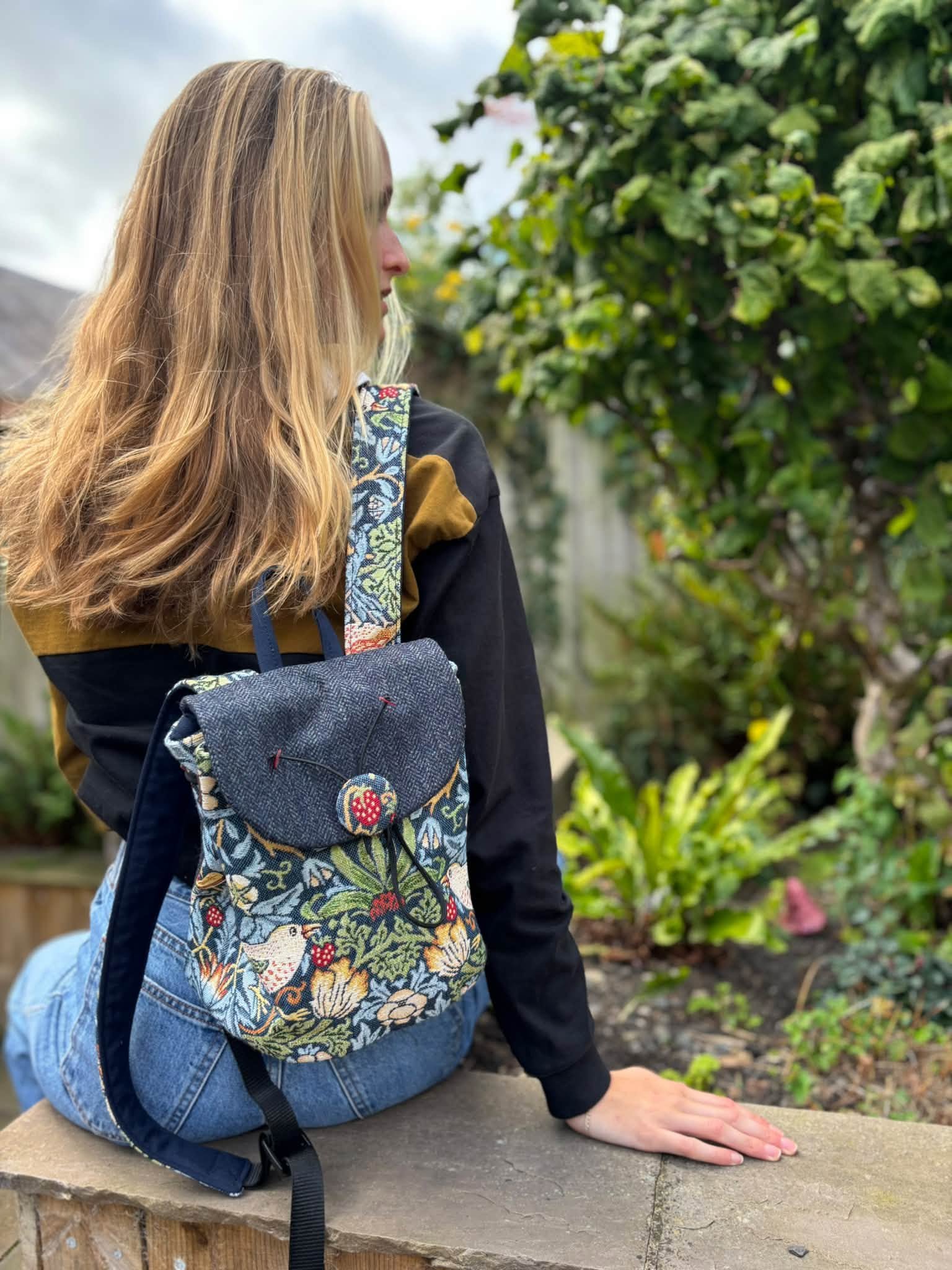 Ju‑C Rucksack – Strawberry Thief Brocade & Blue Herringbone Tweed