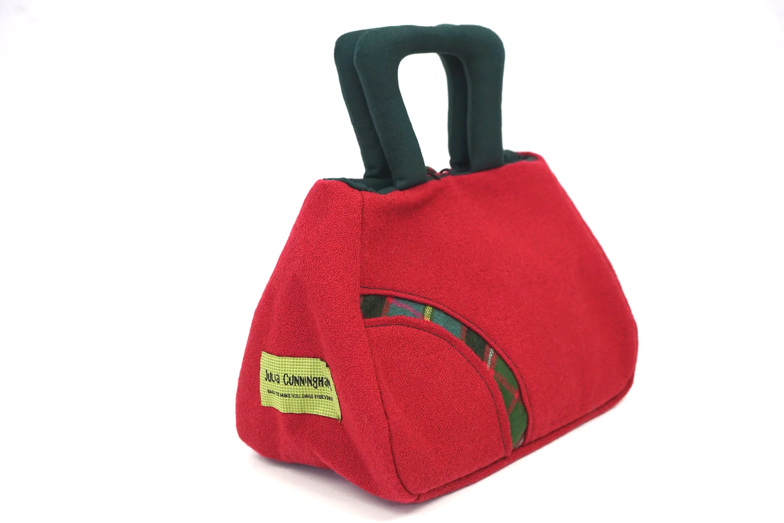 Close-up of pink Bute tweed and tartan panel on handmade Scottish handbag