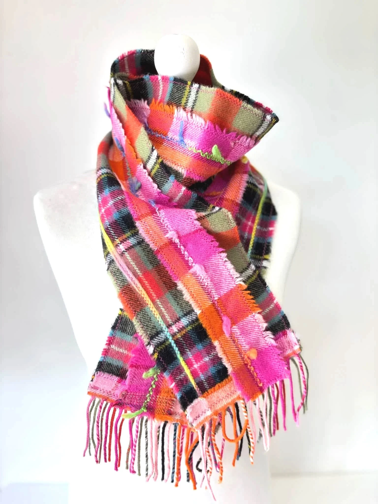 Scottish handmade pink and wool scarf by Julia Cunningham on a mannequin