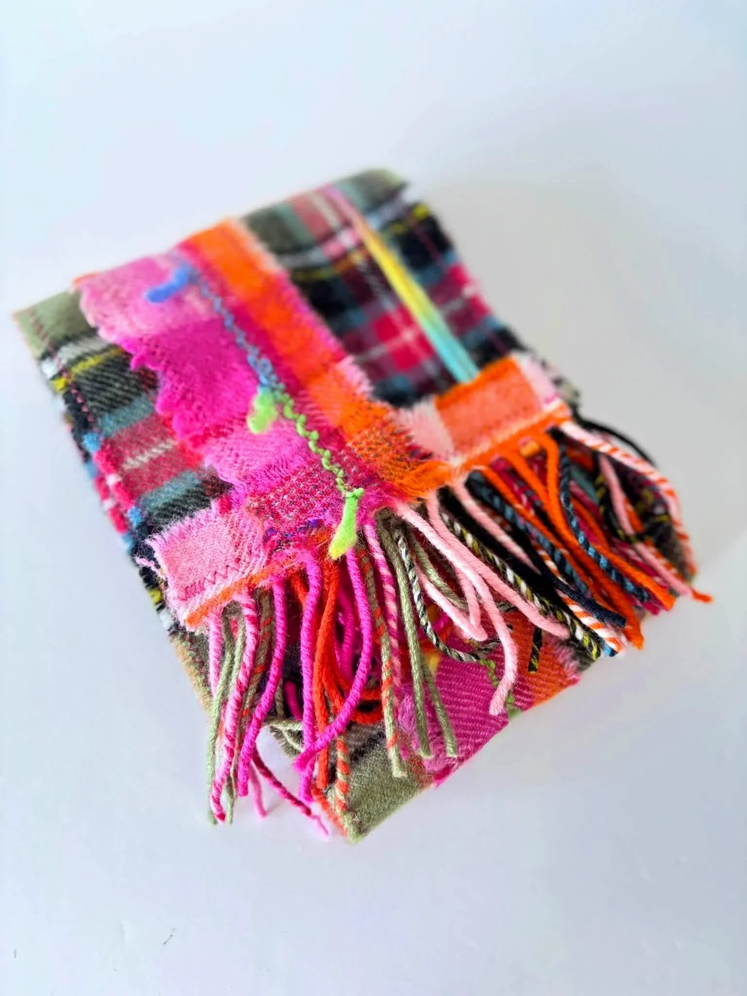 Julia Cunningham Scottish green and pink wool scarf folded view