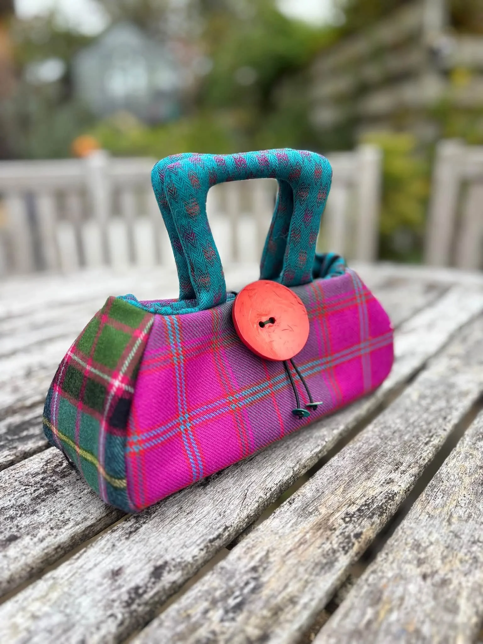 A Wee Fantoosh Handmade Scottish Tartan Handbag – Pink Tartan with Orange Button