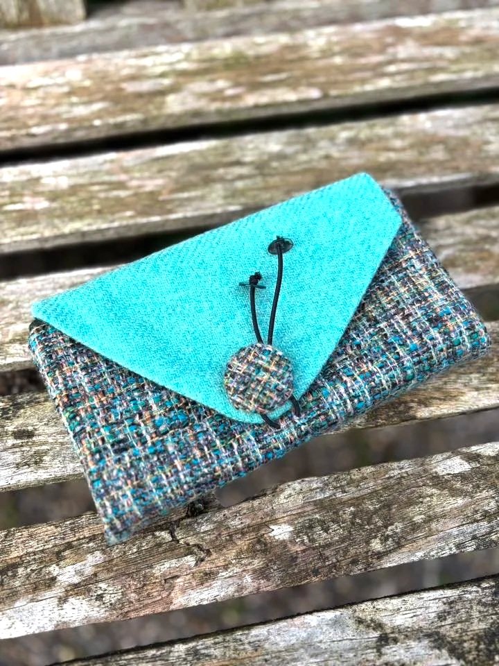 Handmade Aqua blue and green tweed clutch bag and purse, crafted in Scotland by Julia Cunningham