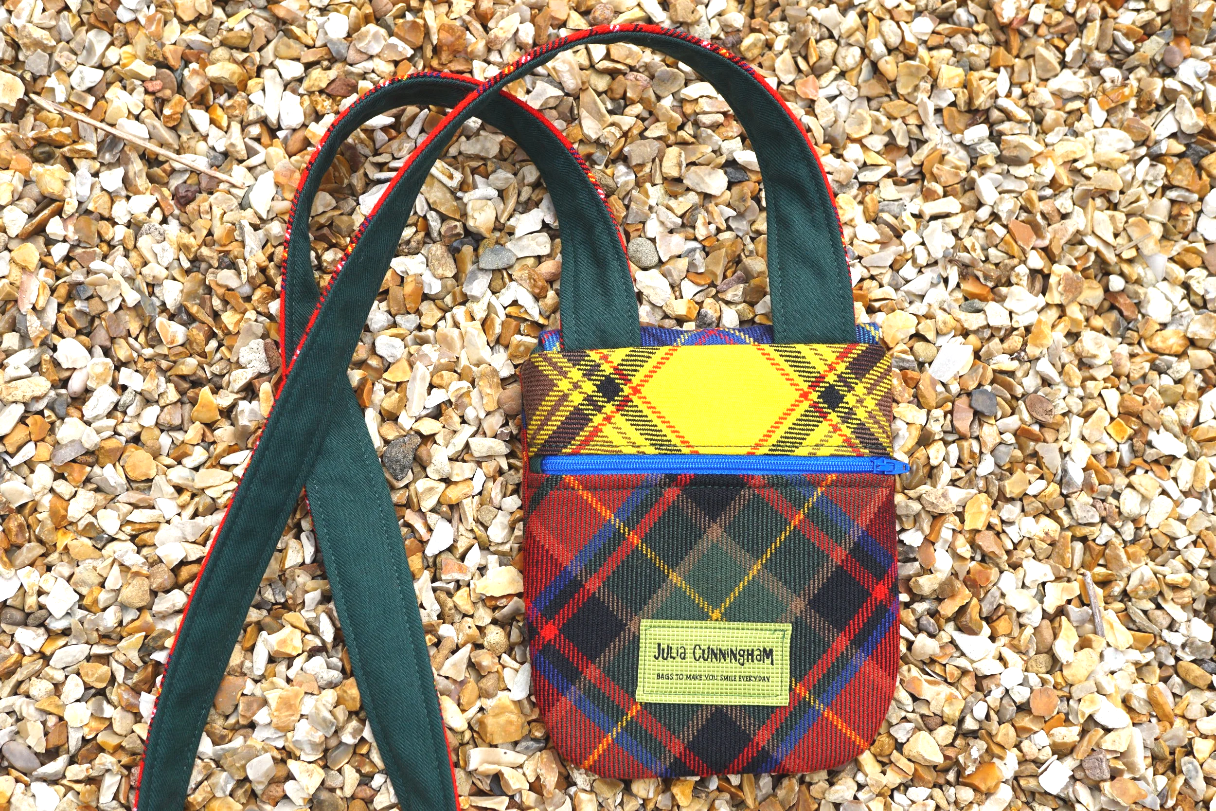 Back panel showing striking yellow tartan on the Tweedling crossbody bag