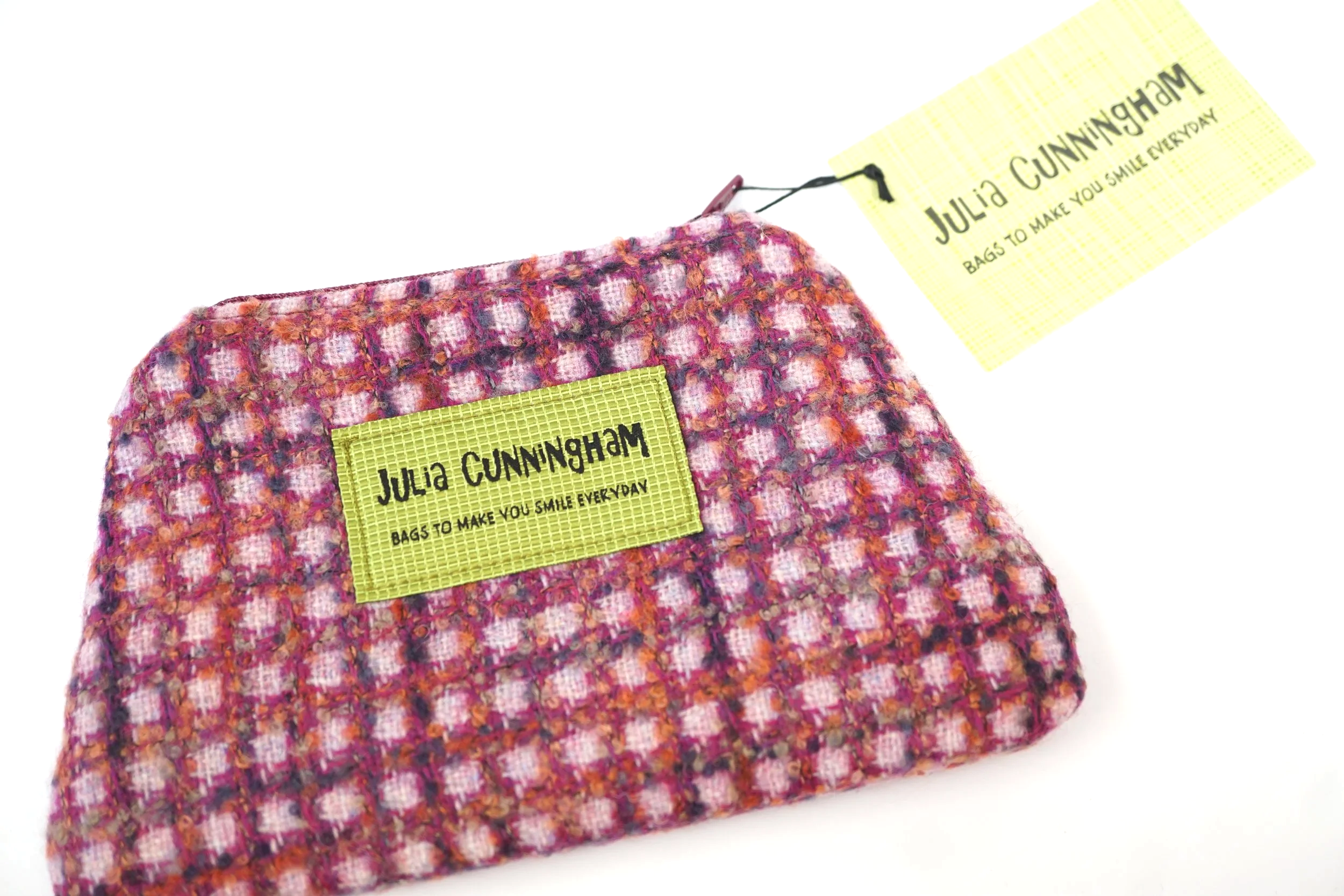 Pink Hinnigan tweed lavender-filled zipped purse showing storage space for everyday essentials