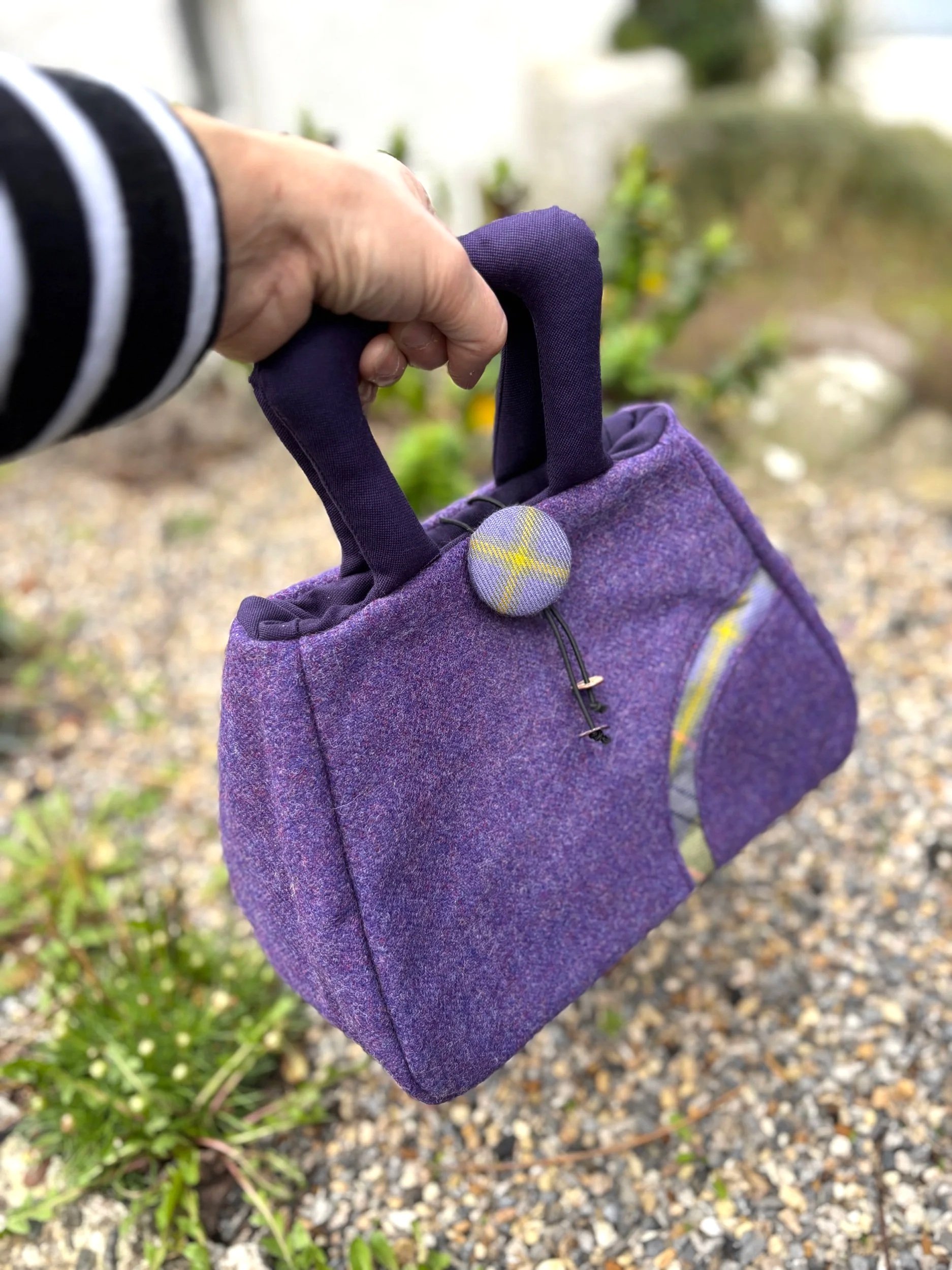 Handmade Scottish Muckle Fantoosh tartan and purple tweed handbag for weddings and special occasions by Julia Cunningham
