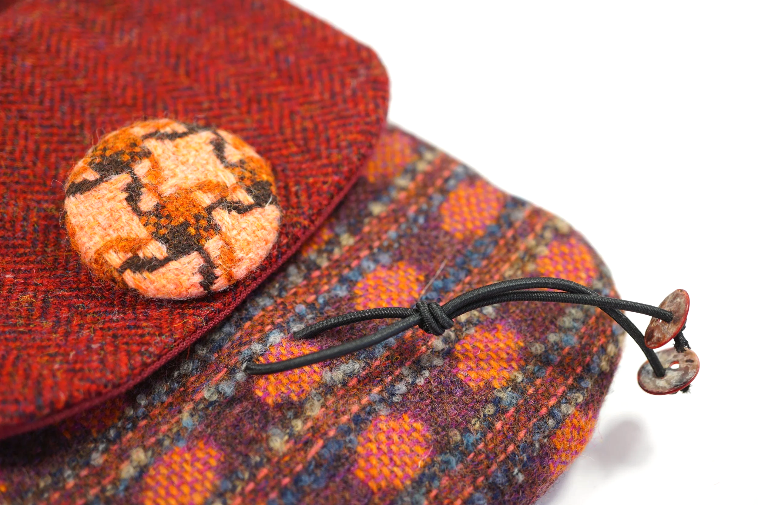 detail image of cross body phone bag showing hand covered button detail and fabric weavel