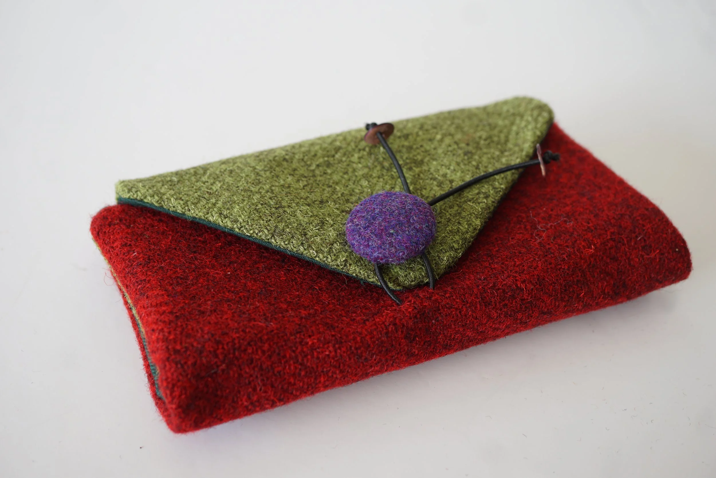 Red Wool & Green Tweed Large Purse or Small Clutch – Handmade in Scotland by Julia Cunningham