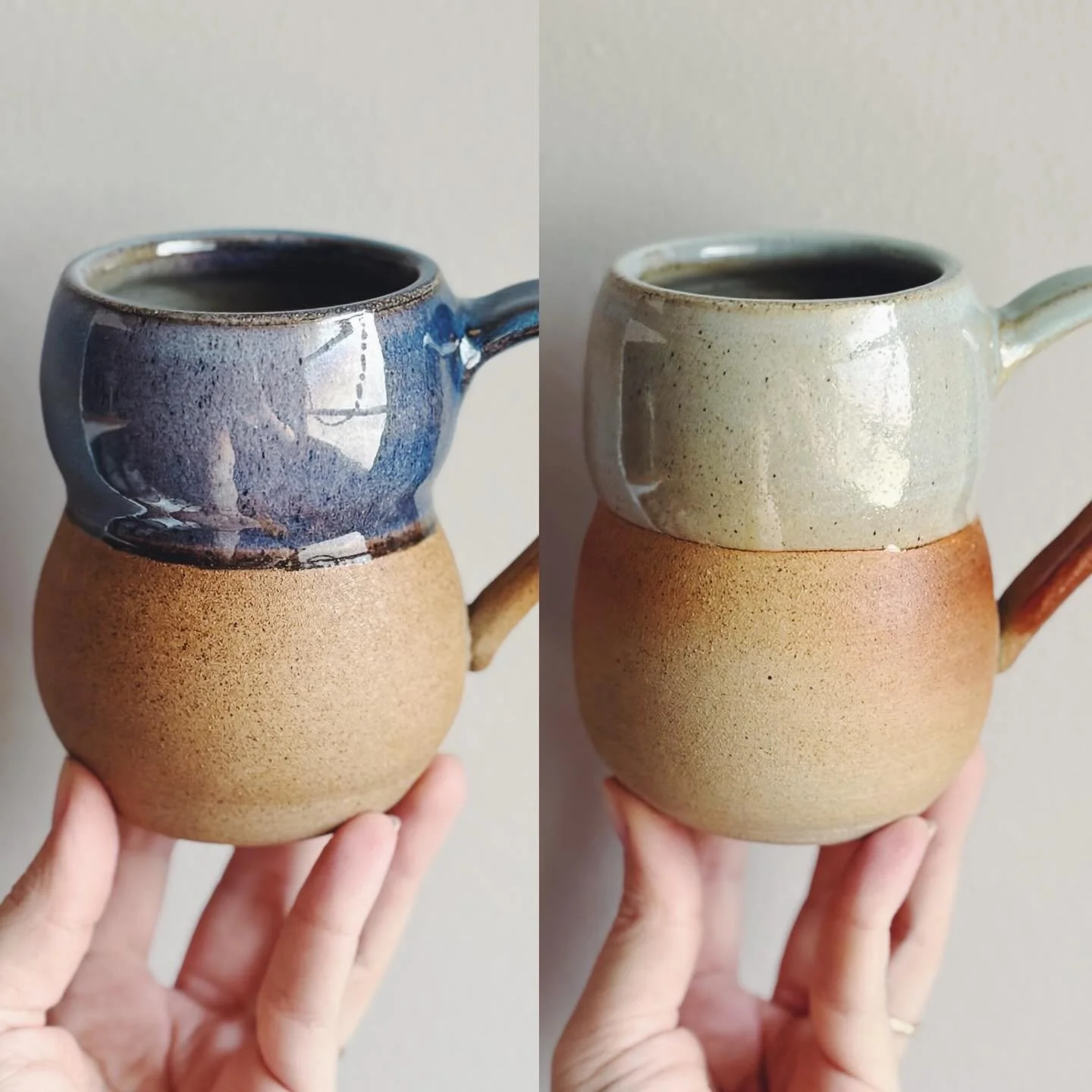 Same clay, same glaze, same firing 😳 You truly never know what you&rsquo;re going to get out of a wood firing! I thought I was making a matching pair, but the kiln goddess clearly had other plans ✨