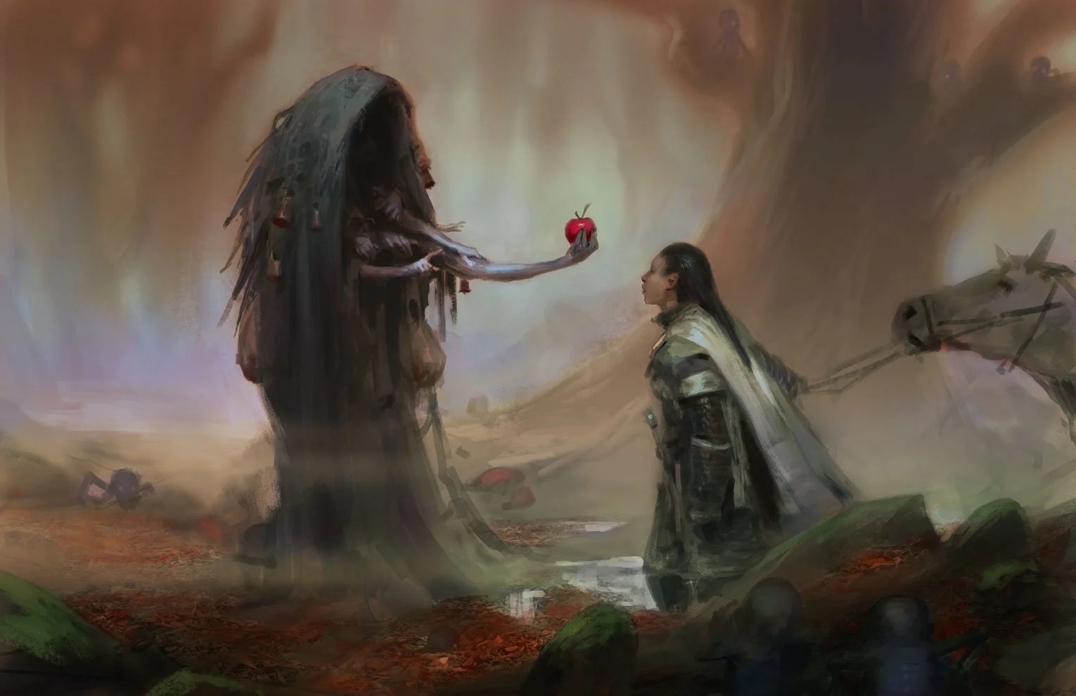 A witch offering an apple to a knight - Art by Tyler Jacobson