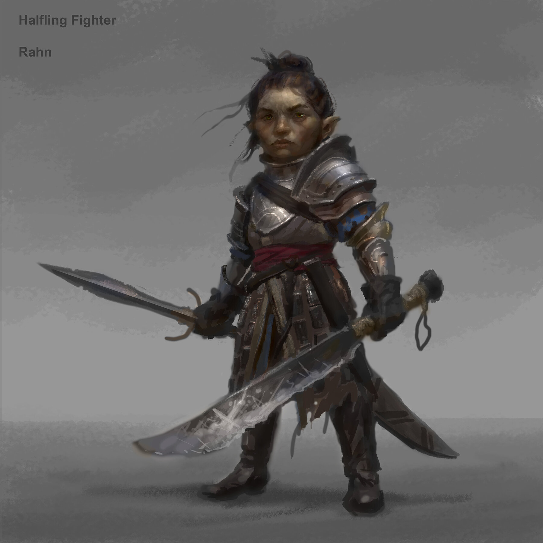Halfling Fighter: “I thought having her dual wielding an elven dagger and an orcish knife as her swords (that she liberated from their previous owners) was a fun concept.” - Concept by Chris Rahn