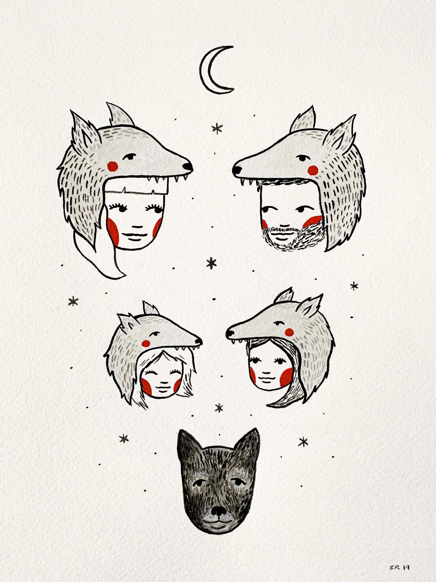 custom family portrait wolves watercolor gouache by em randall