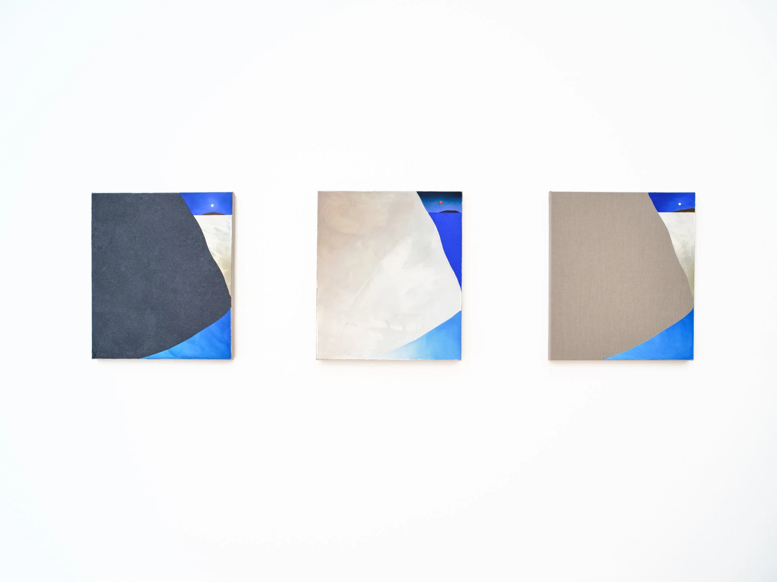 Hill (no. 4, no. 5, no. 6) (21" x 18", each) oil and acrylic with flocking on linen, 2025.