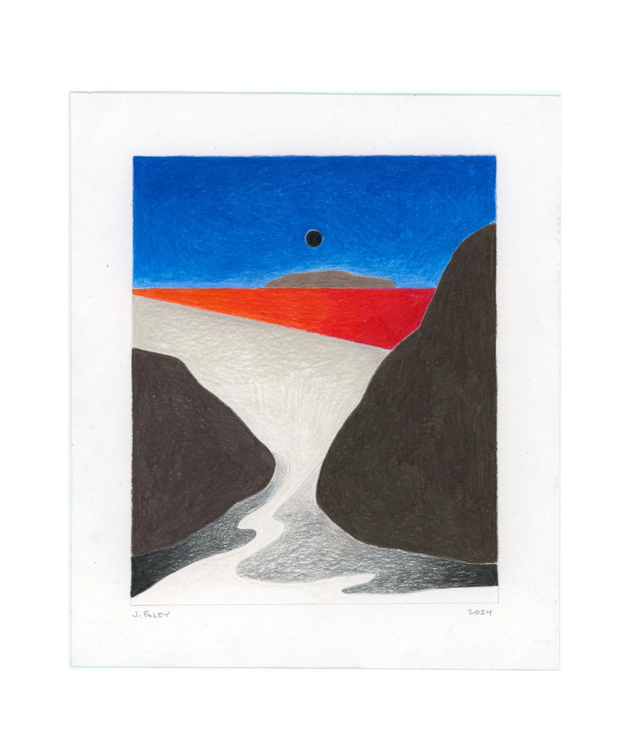 Two Stones with Red Horizon (7" x 6") colored pencil on paper, 2024.