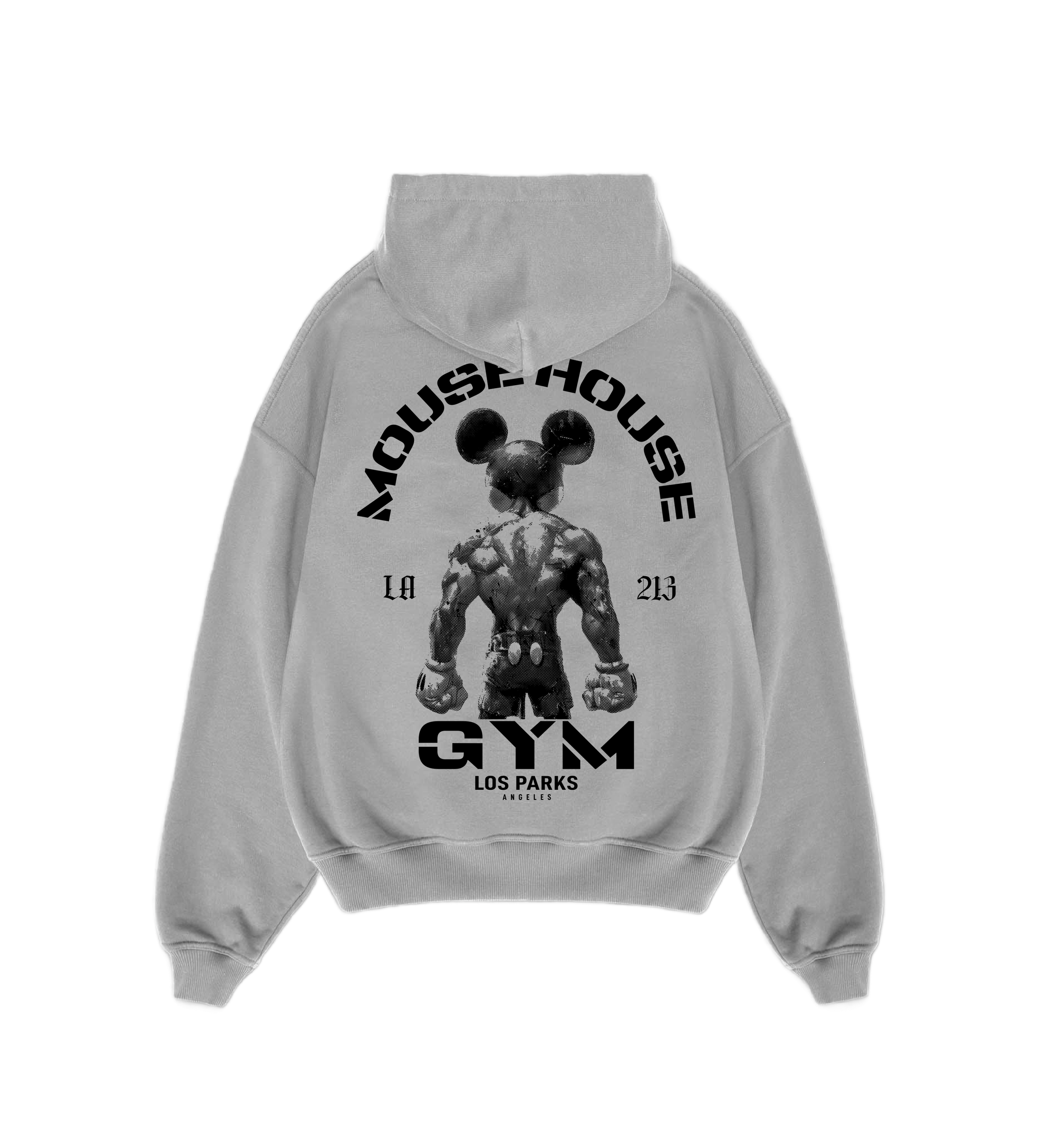 Mouse House Gym Stone Gray Hoodie Back .png