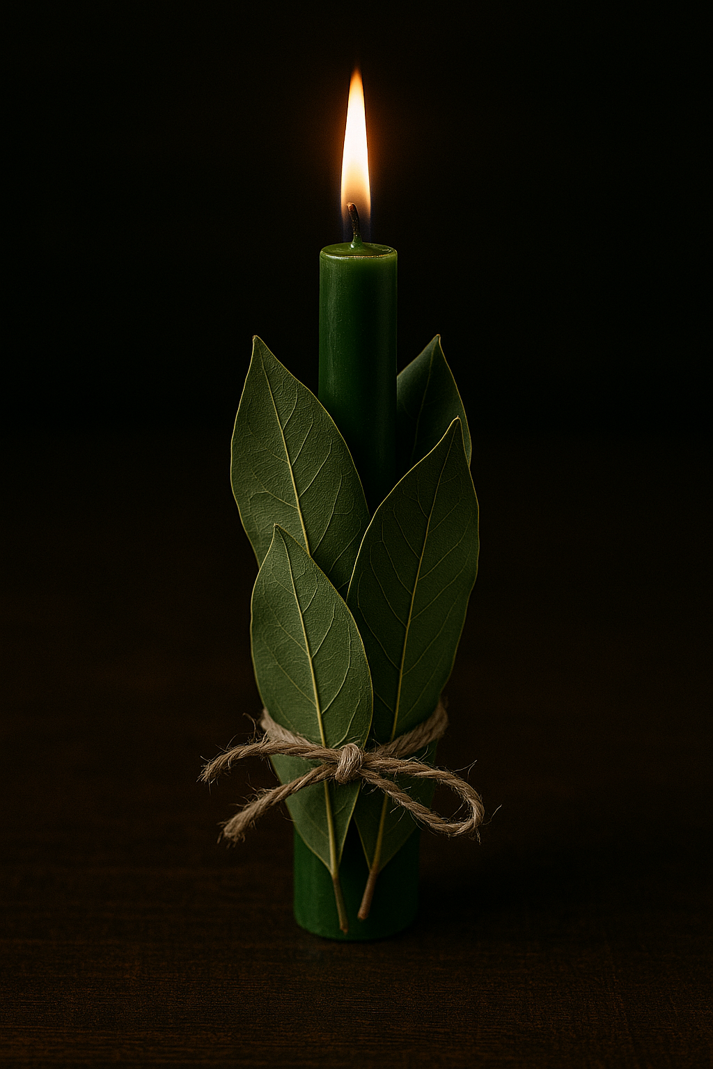 green candle with bay leaf for prosperity