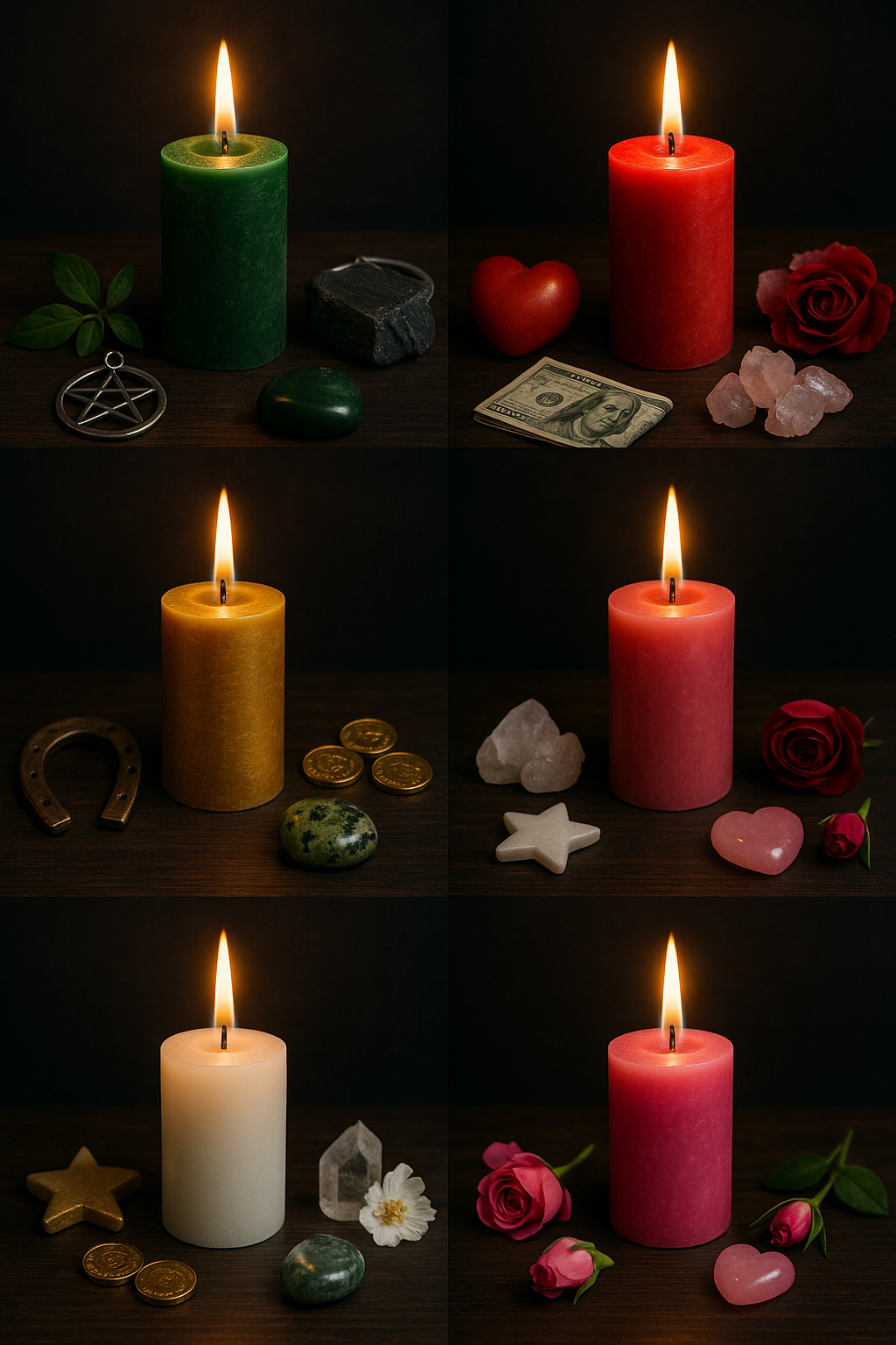 manifest what you want during yule with green, red, black, white, gold and pink candles