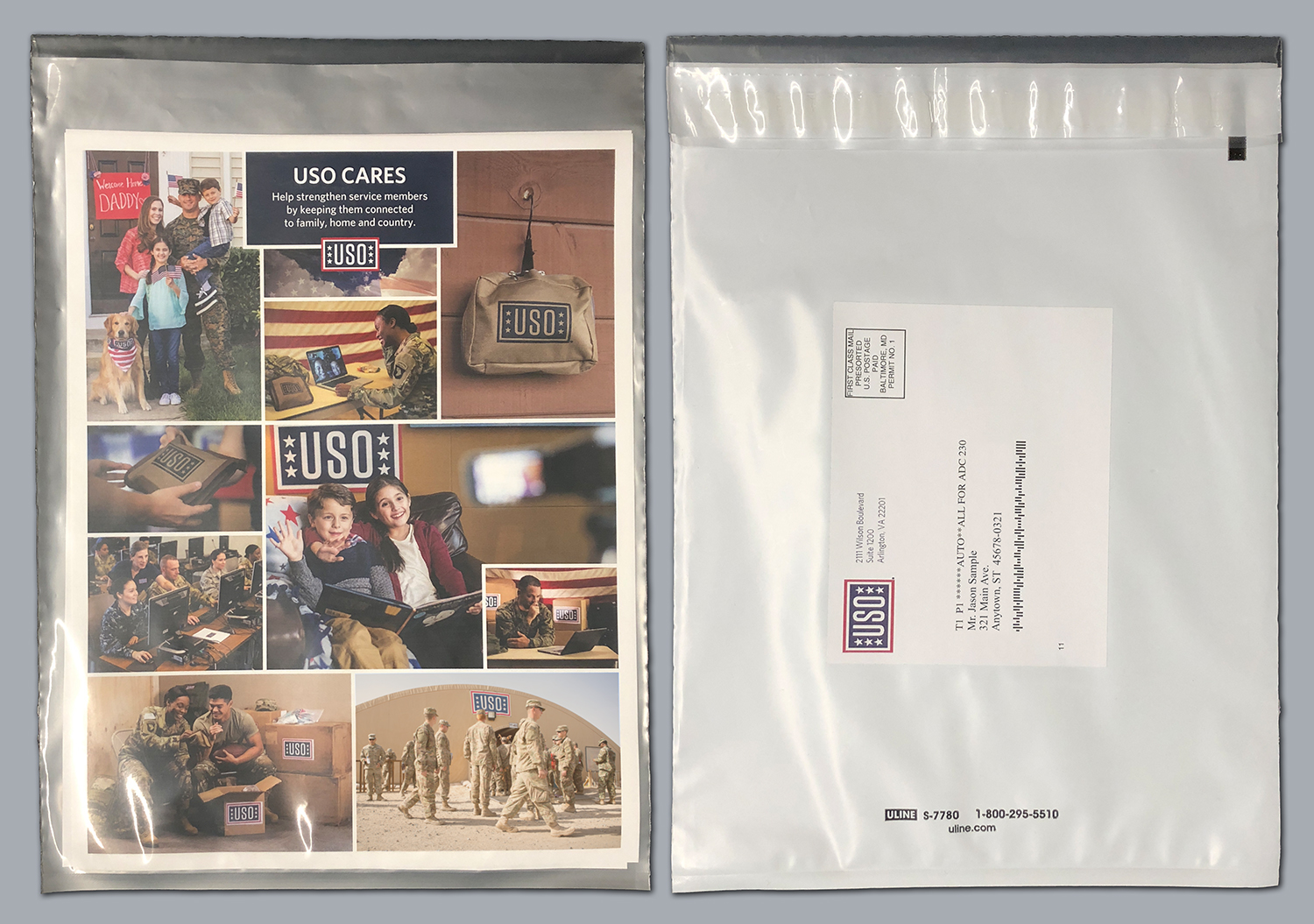 USO Care Package - sample of mailed polybag (both sides)