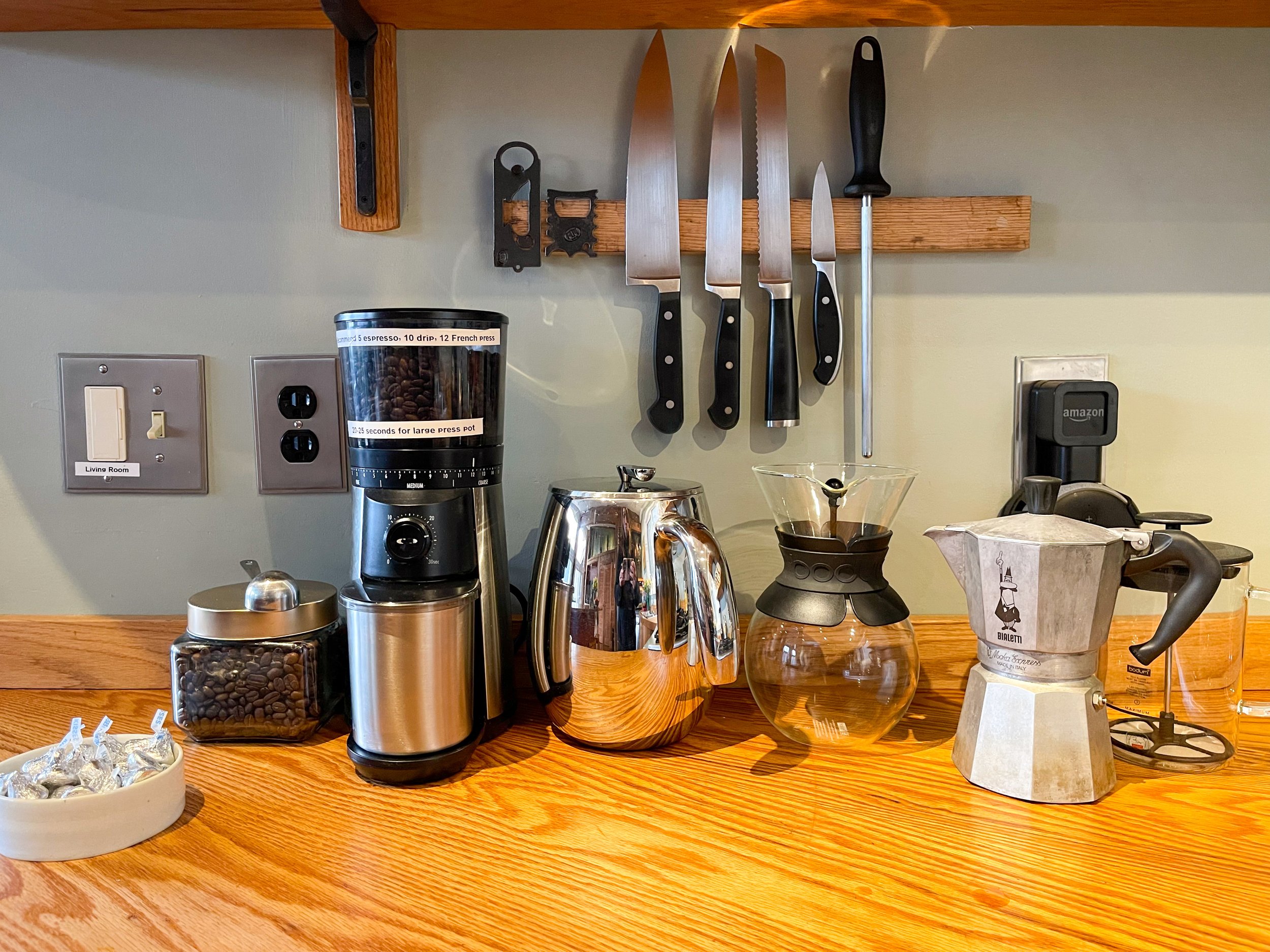  Conley House has a robust coffee station with burr style coffee grinder, fresh medium roast Fari trade coffee beans, French press, pour over, moka pot, milk frother, and an on demand hot water dispenser that is built into the kitchen sink. We also o