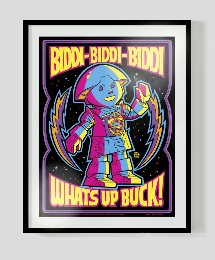 “WHAT’S UP, BUCK!” 18” x 24” POSTER 18” x 24” (45.7cm x 61cm) Celebrate the space-crazy late 1970’s with this signed, black light style (does not fluoresce) poster from our series of three rockin’ robot characters. High quality, professionally printed poster on heavyweight 200 gsm semi-gloss paper stock. Shipped rolled in a cardboard shipping tube $15.00 CAD / $12.00 USD Shipping $12 CAD in Canada / $12 USD to USA. (Frame not included).